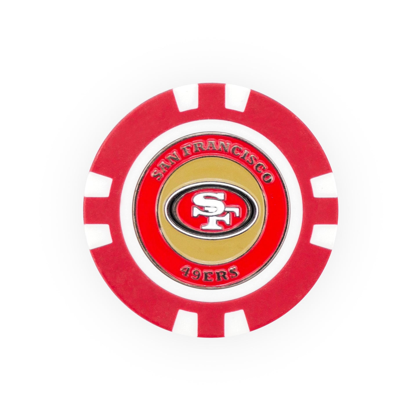 The NFL Team Ball Markers by NFL include a red and white poker chip ball marker featuring the San Francisco 49ers logo and "San Francisco 49ers" text in red and gold.