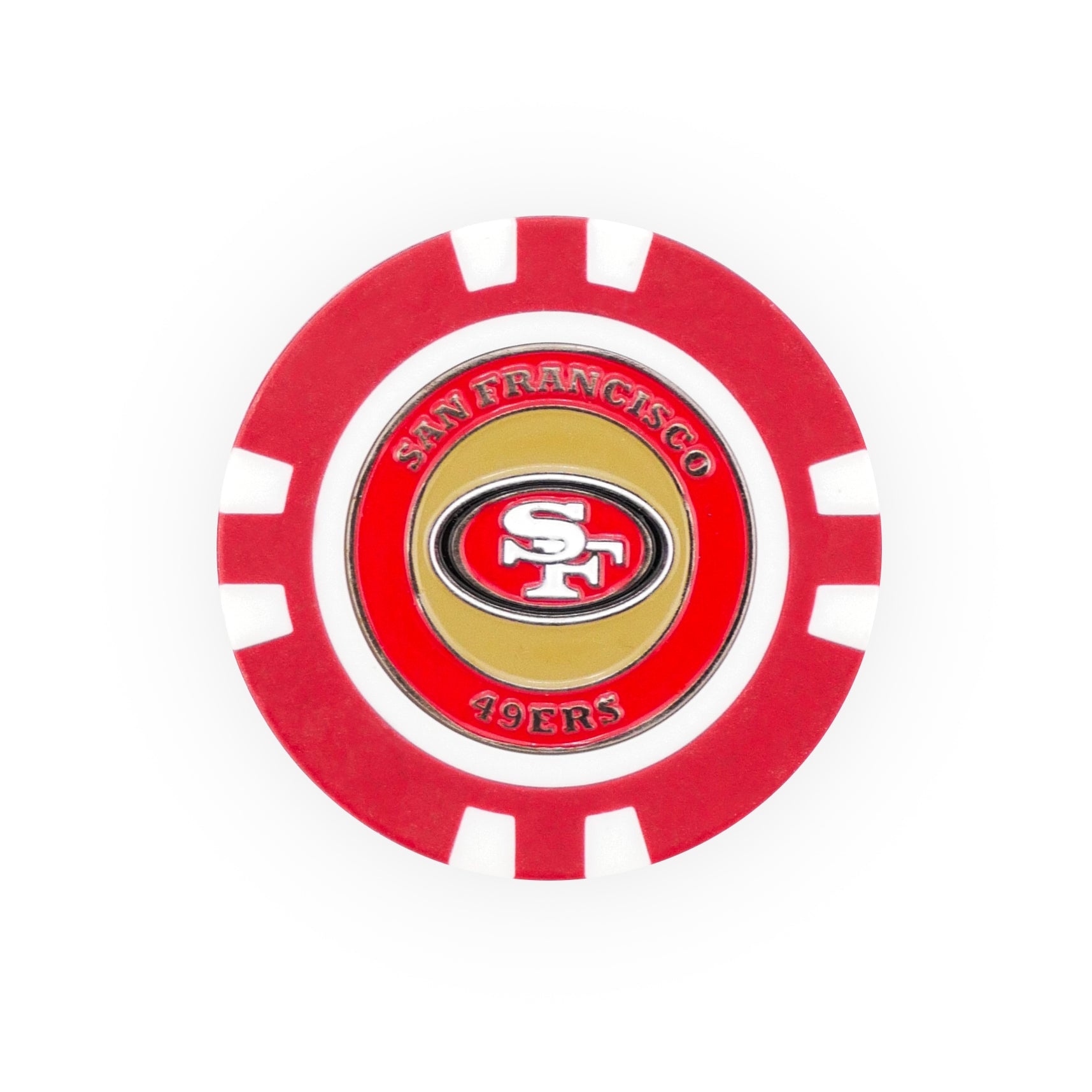 The NFL Team Ball Markers by NFL include a red and white poker chip ball marker featuring the San Francisco 49ers logo and "San Francisco 49ers" text in red and gold.