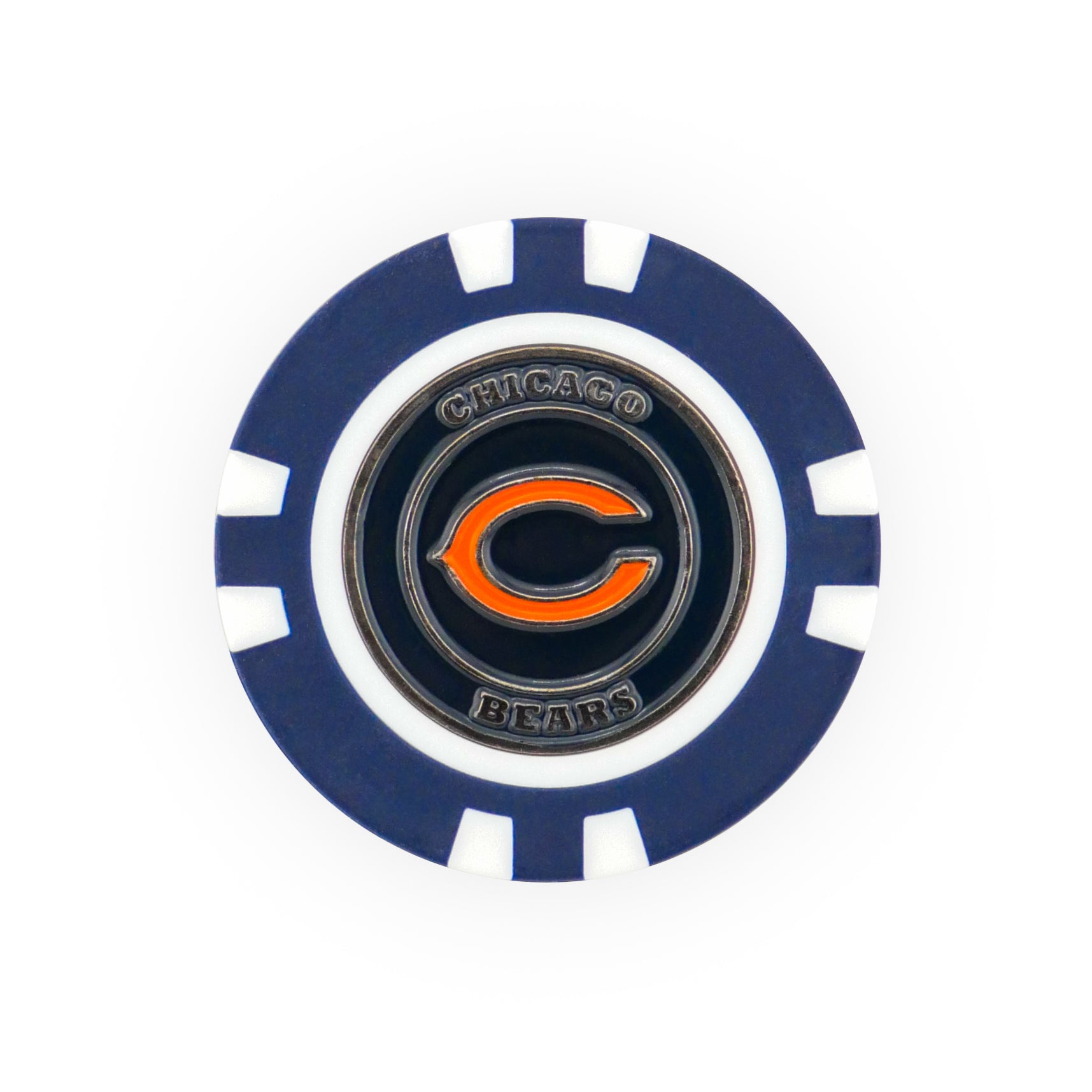 The NFL Team Ball Marker by NFL is a blue and white poker chip featuring the Chicago Bears logo—an orange "C" in the center with "CHICAGO BEARS" text around it.
