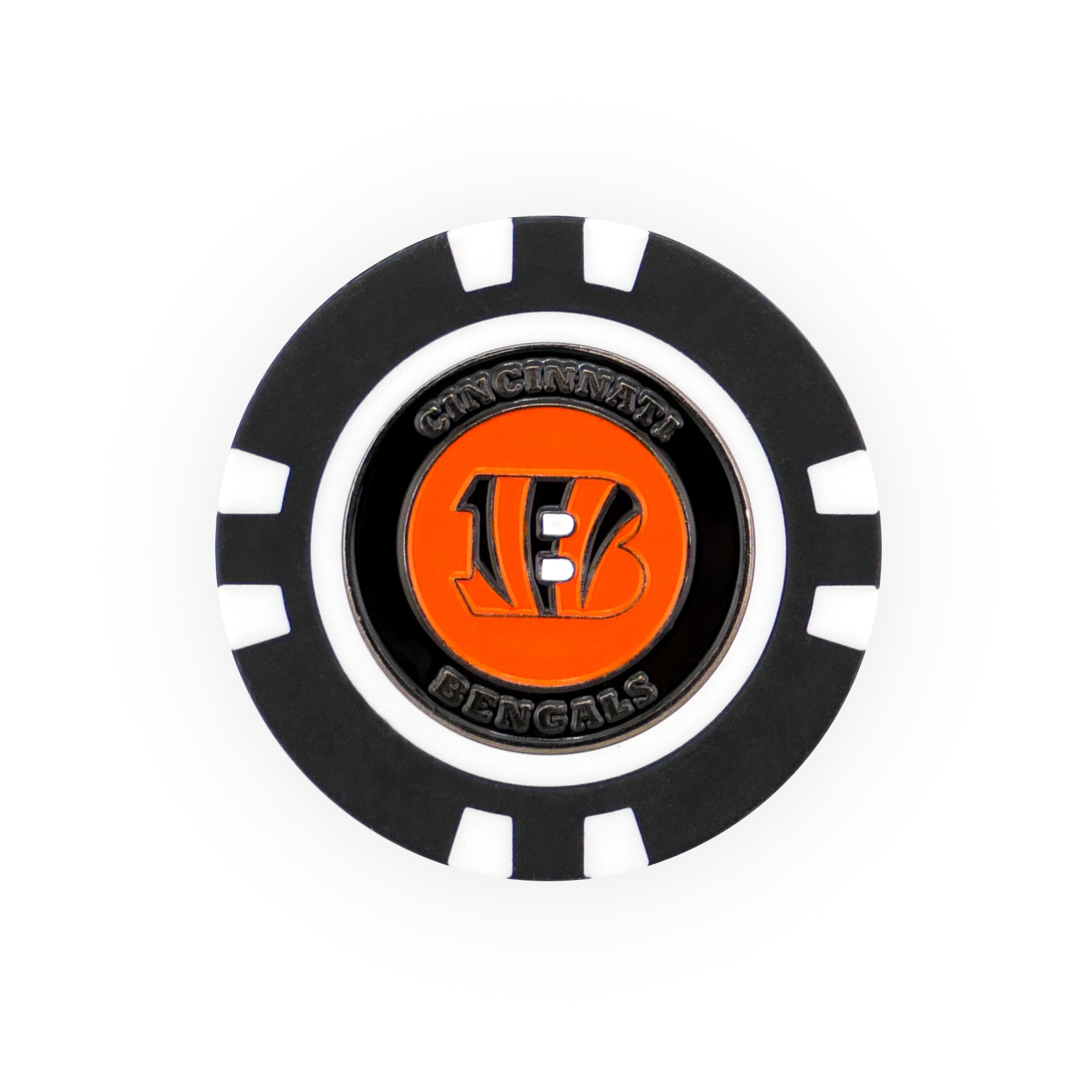 The NFL Team Ball Marker by NFL is a black and white poker chip marker featuring the orange Cincinnati Bengals “B” logo in the center, with "Cincinnati Bengals" encircling the logo.