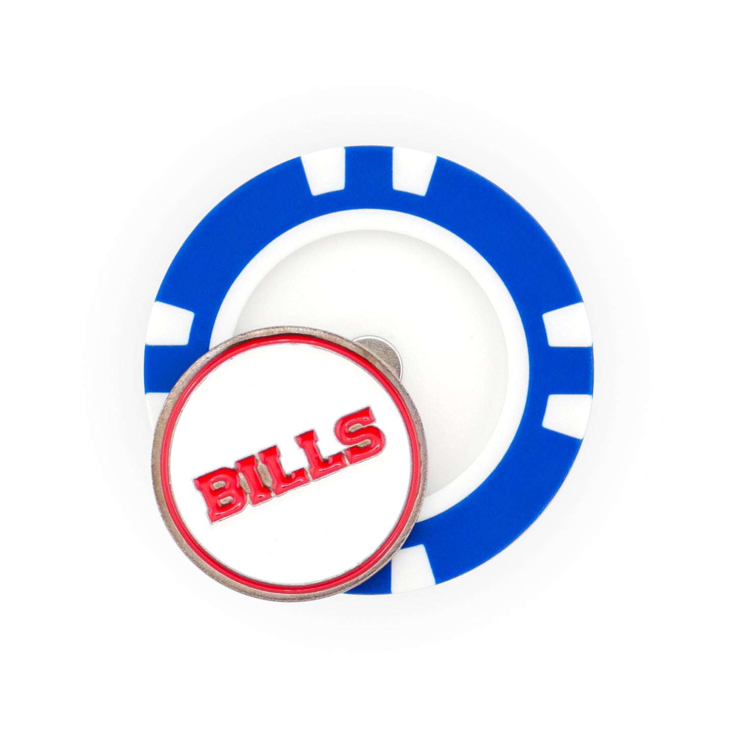 The NFL Team Ball Markers by NFL feature a blue and white poker chip design with a circular metal marker on top displaying a white background and the word BILLS in bold red capital letters.