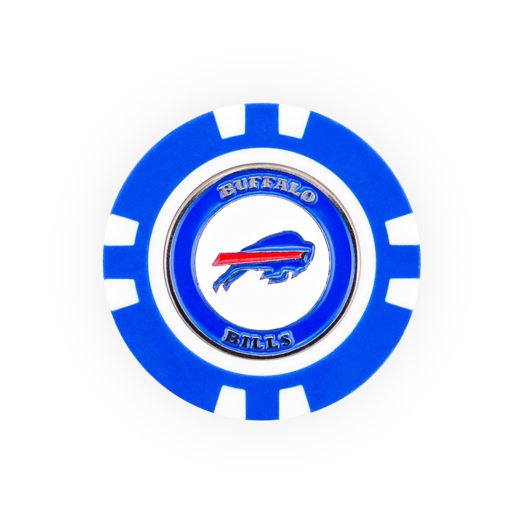 Show your team pride on the green with this NFL Team Ball Marker by NFL, featuring the Buffalo Bills logo in blue and red with gold "BUFFALO BILLS" lettering—ideal for golf-loving fans.