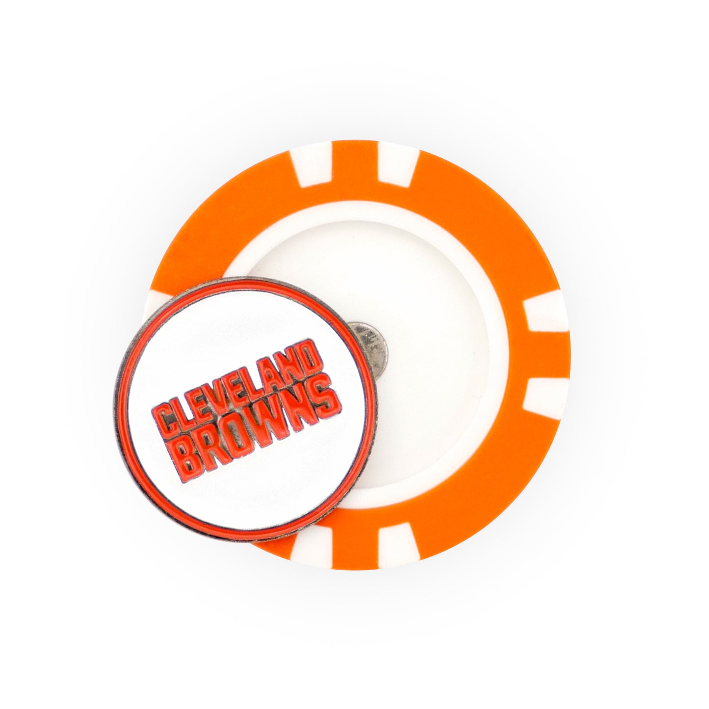 An NFL Team Ball Marker by NFL featuring an orange and white poker chip design with a coin-sized token on top displaying "CLEVELAND BROWNS" in orange text.