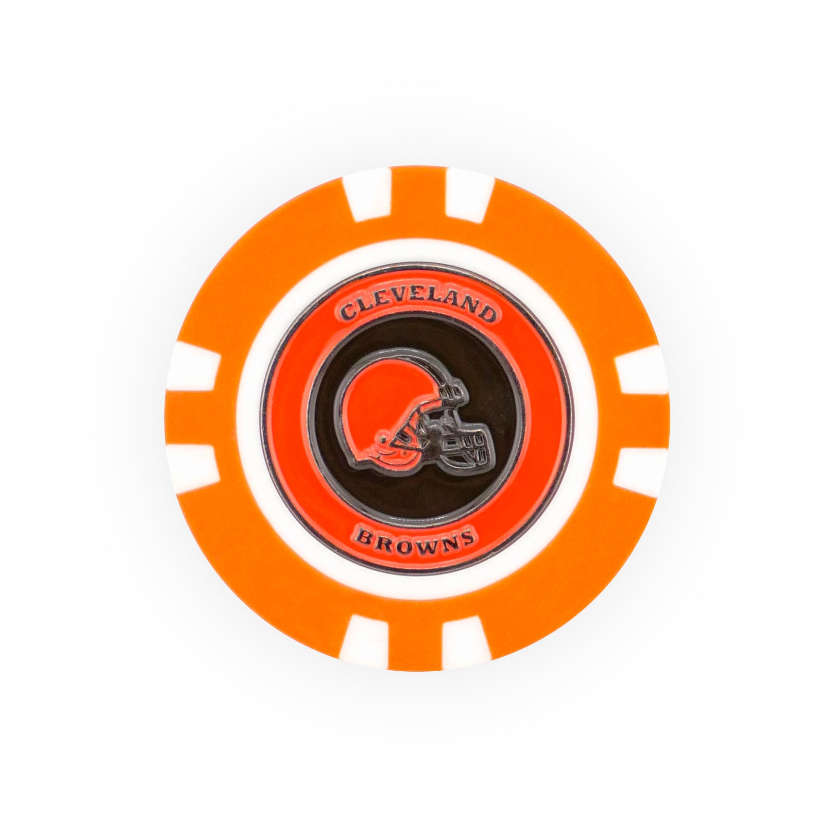 The NFL Team Ball Markers by NFL feature an orange and white casino-style poker chip design with the Cleveland Browns helmet logo and "Cleveland Browns" in orange and brown circles around the center.