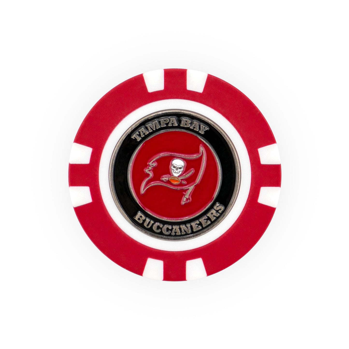 The NFL Team Ball Marker by NFL is a red and white poker chip style marker with the Tampa Bay Buccaneers logo and text on a black and silver center.