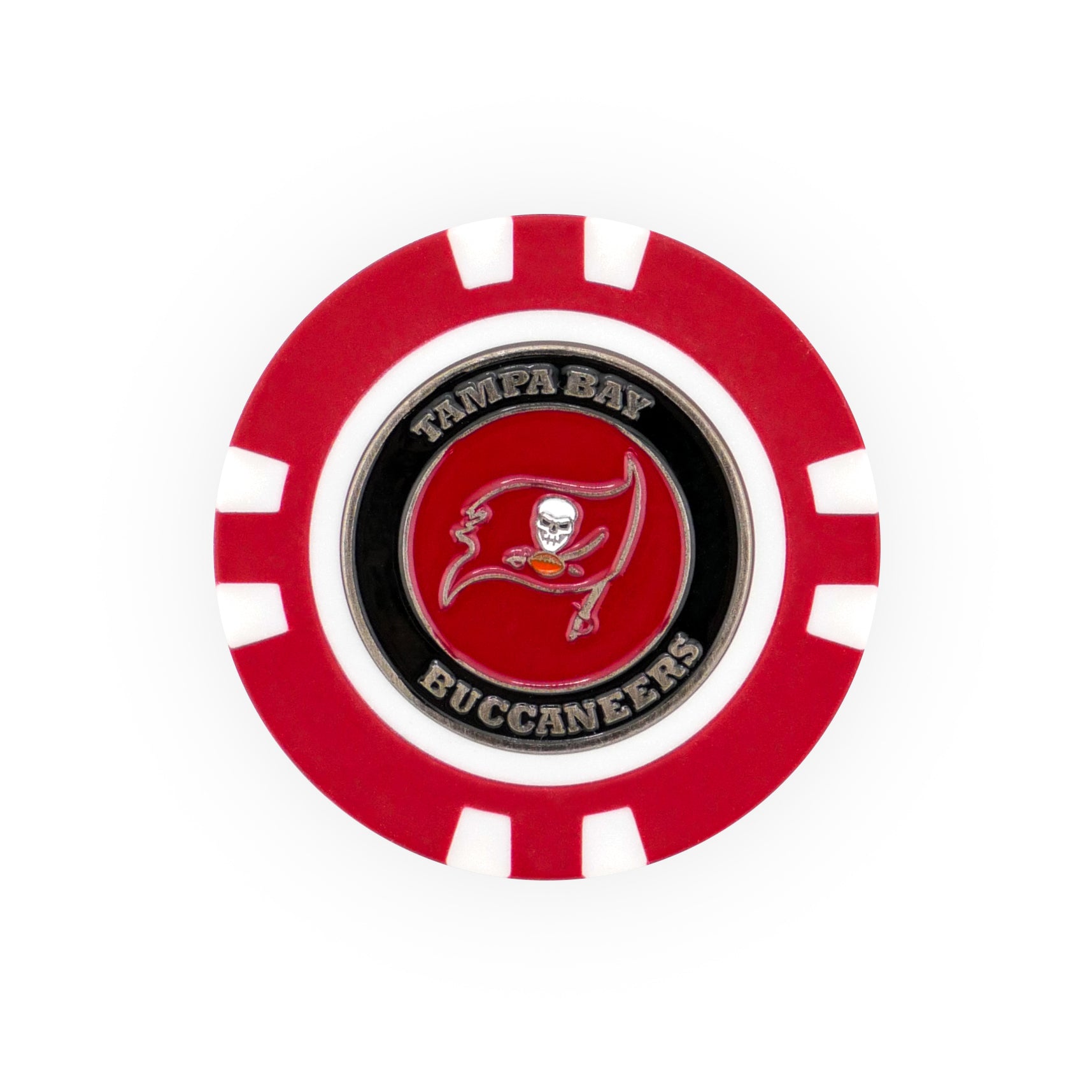The NFL Team Ball Marker by NFL is a red and white poker chip style marker with the Tampa Bay Buccaneers logo and text on a black and silver center.