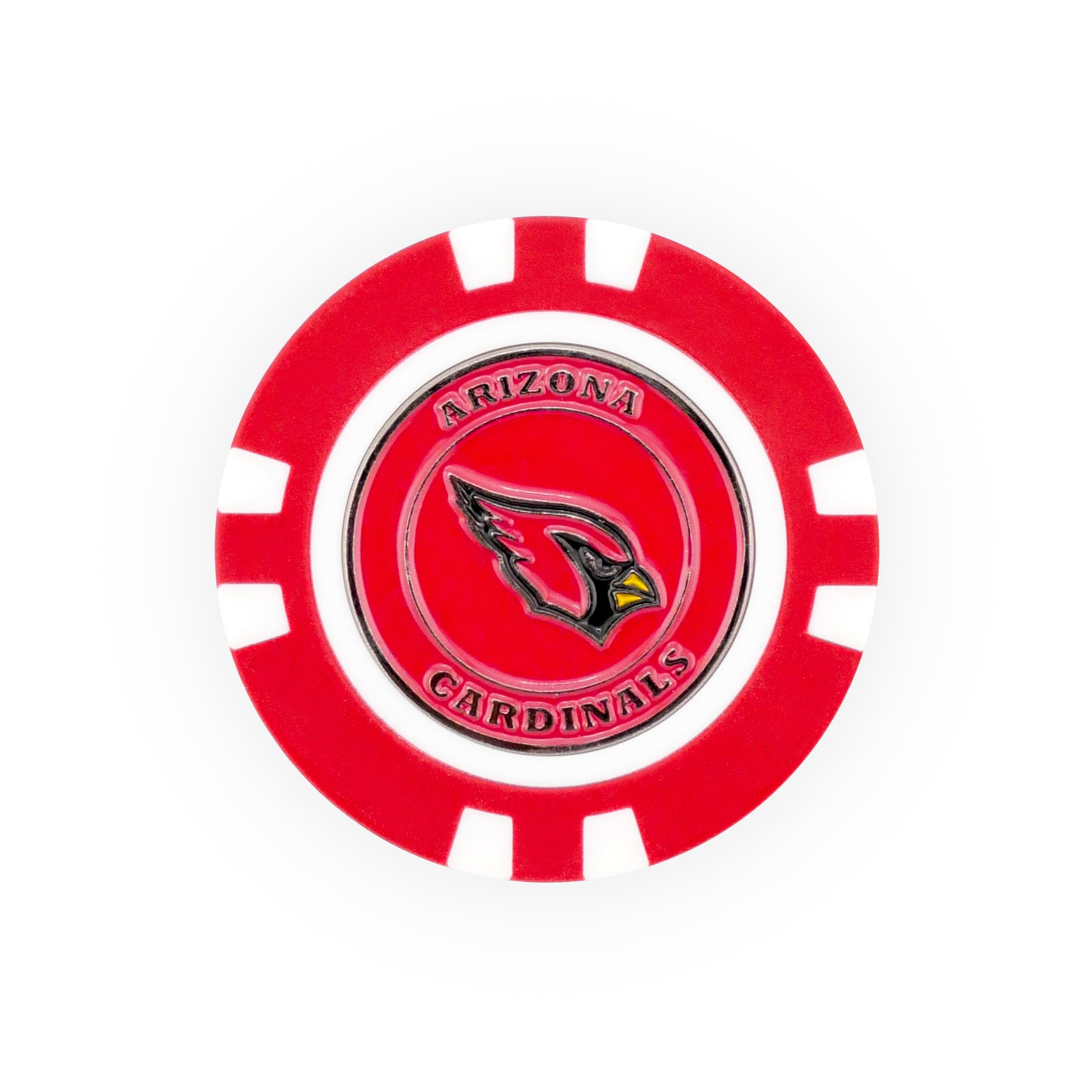 The NFL Team Ball Markers by NFL feature a red and white poker chip design with the Arizona Cardinals logo and the team name in black around the logo.