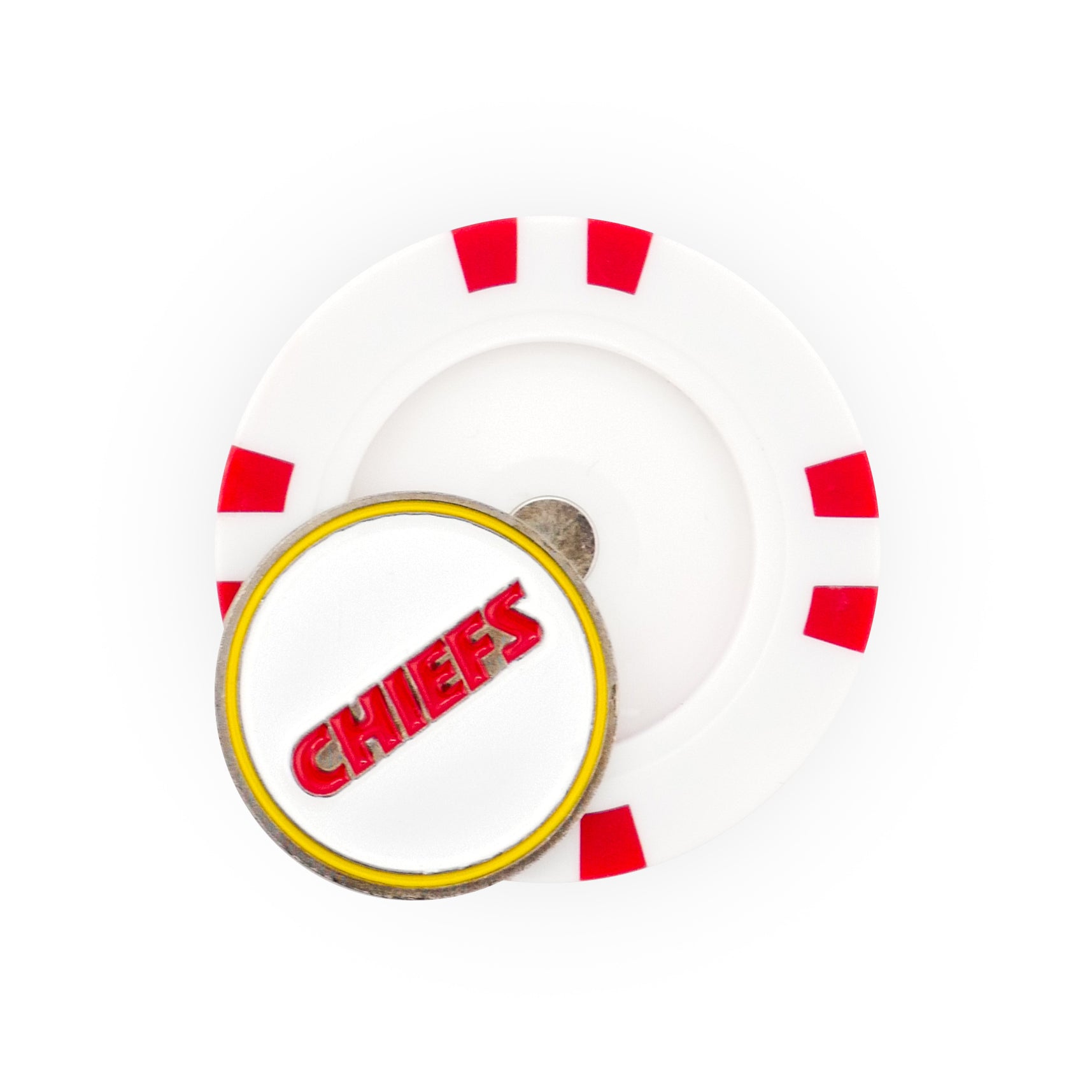An NFL Team Ball Marker by NFL: a white poker chip with red stripes and a round pin reading CHIEFS in red letters outlined in yellow, partly placed on the chip.