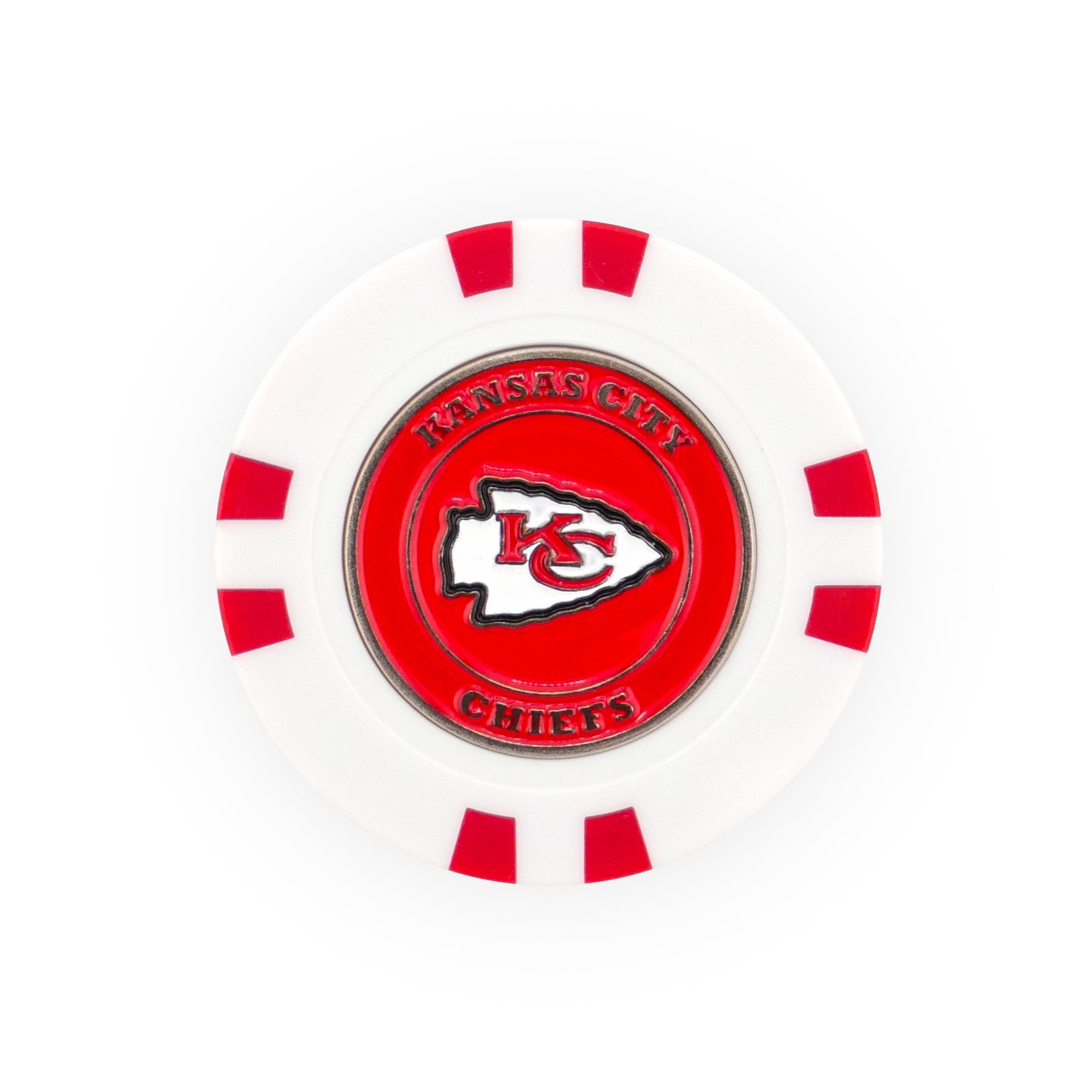 Show your team pride on the green with this NFL Team Ball Marker by NFL. It features a white poker chip design with red accents, the Kansas City Chiefs logo, and "Kansas City Chiefs" in red on a vibrant red center background.
