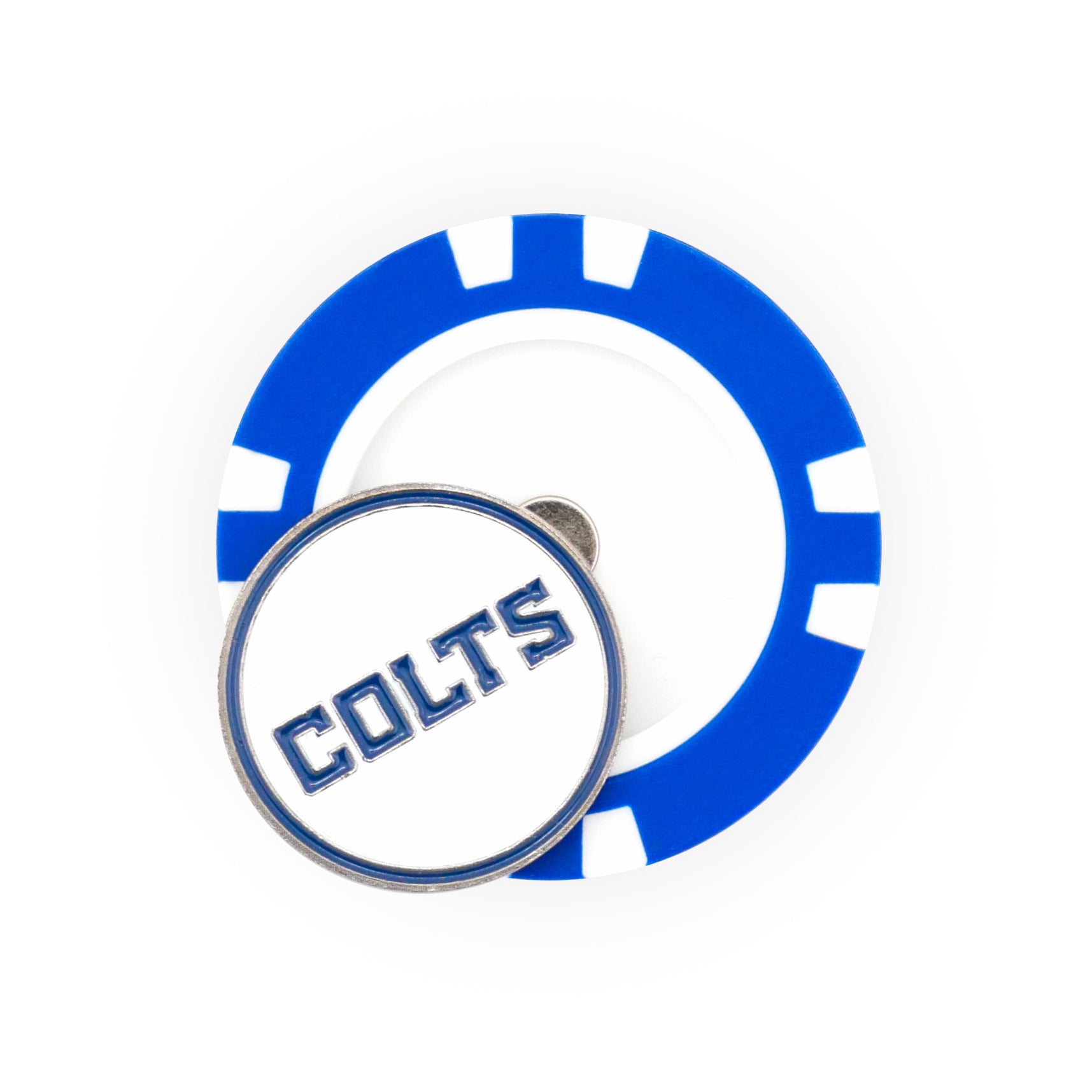 The NFL Team Ball Markers by NFL feature a blue and white poker chip design with a circular marker in front that displays "COLTS" in blue block letters on a white background.