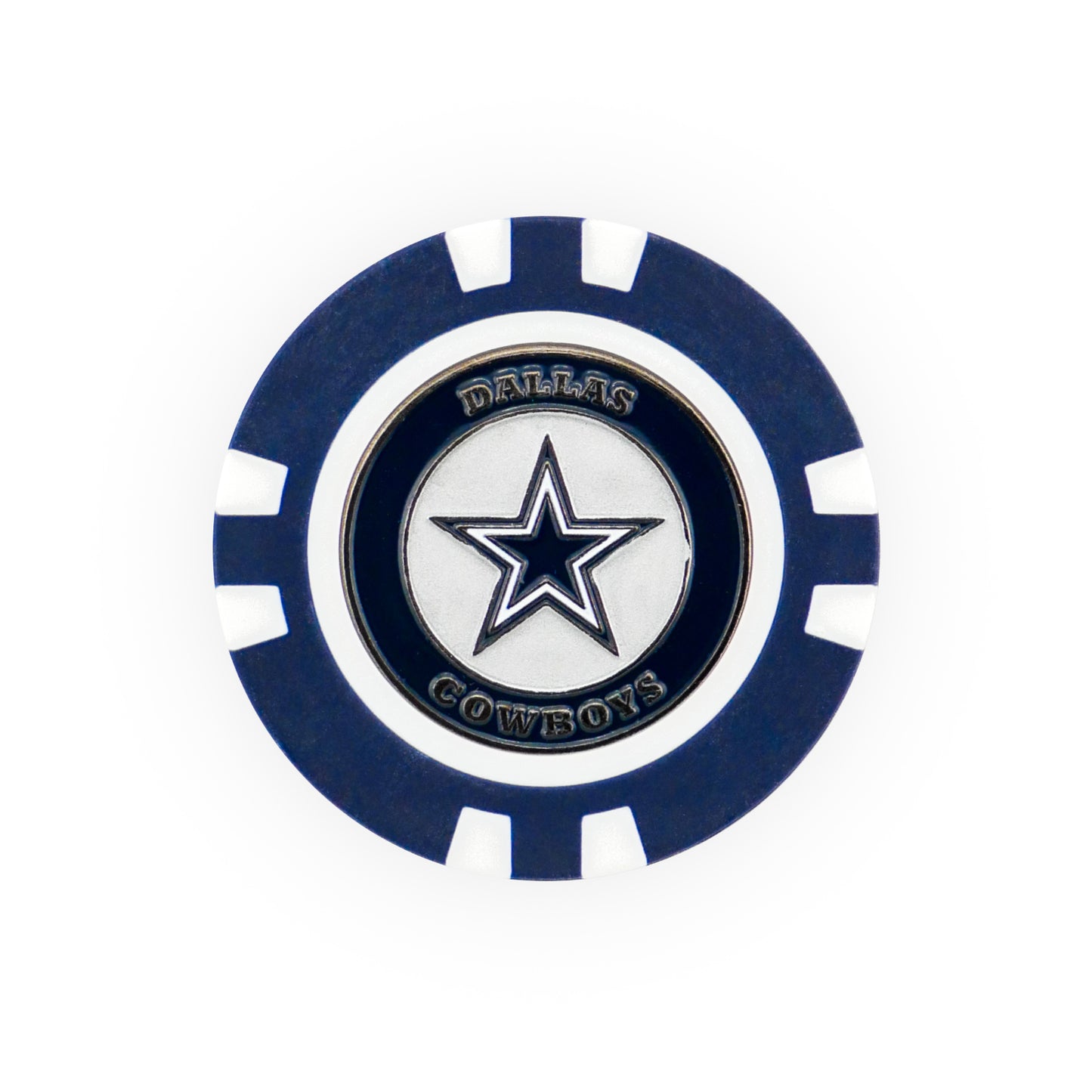 The NFL Team Ball Marker by NFL is a blue and white poker chip featuring the Dallas Cowboys logo—a blue star—in the center, with “Dallas Cowboys” written around it.