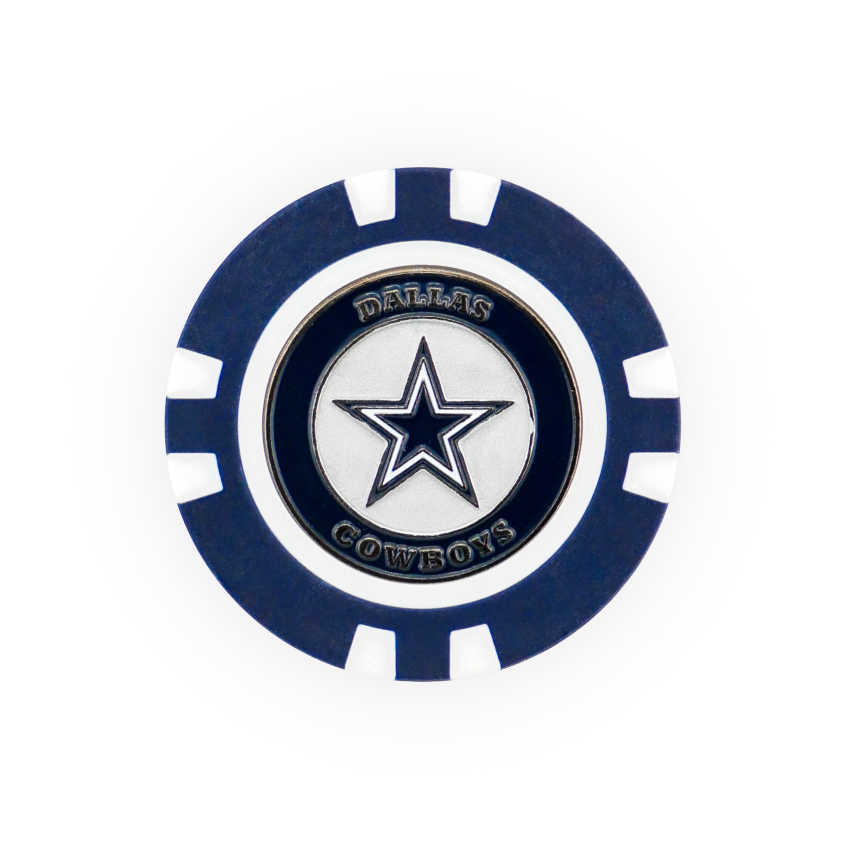 The NFL Team Ball Marker by NFL is a blue and white poker chip featuring the Dallas Cowboys logo—a blue star—in the center, with “Dallas Cowboys” written around it.
