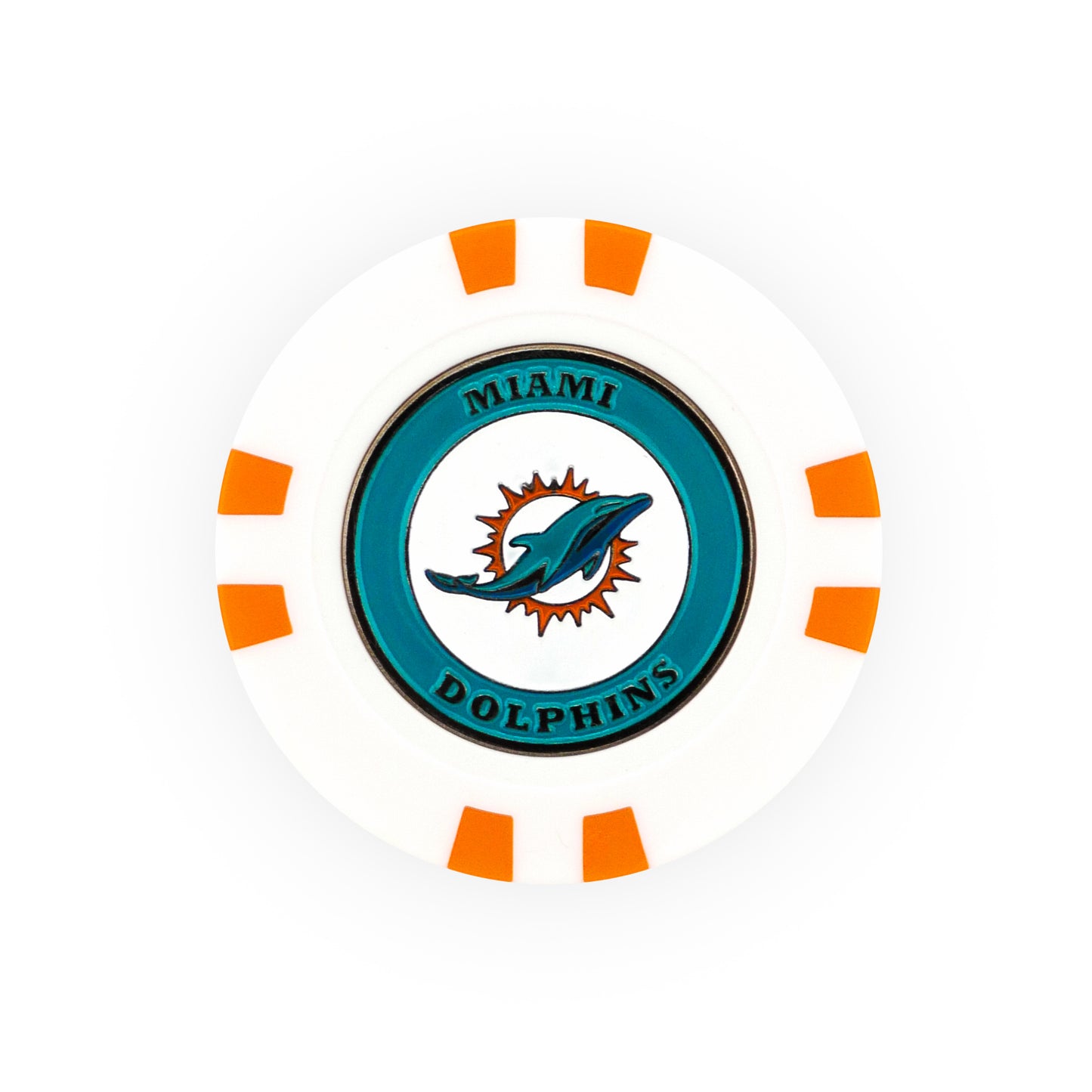 The NFL Team Ball Marker by NFL features a white poker chip design with orange accents, displaying the Miami Dolphins logo and team name in teal on a circular teal background.