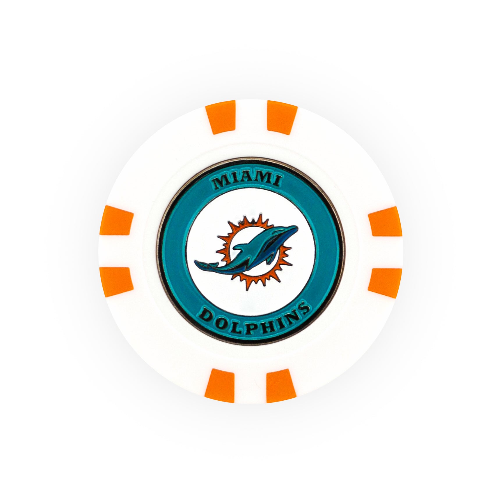 The NFL Team Ball Marker by NFL features a white poker chip design with orange accents, displaying the Miami Dolphins logo and team name in teal on a circular teal background.