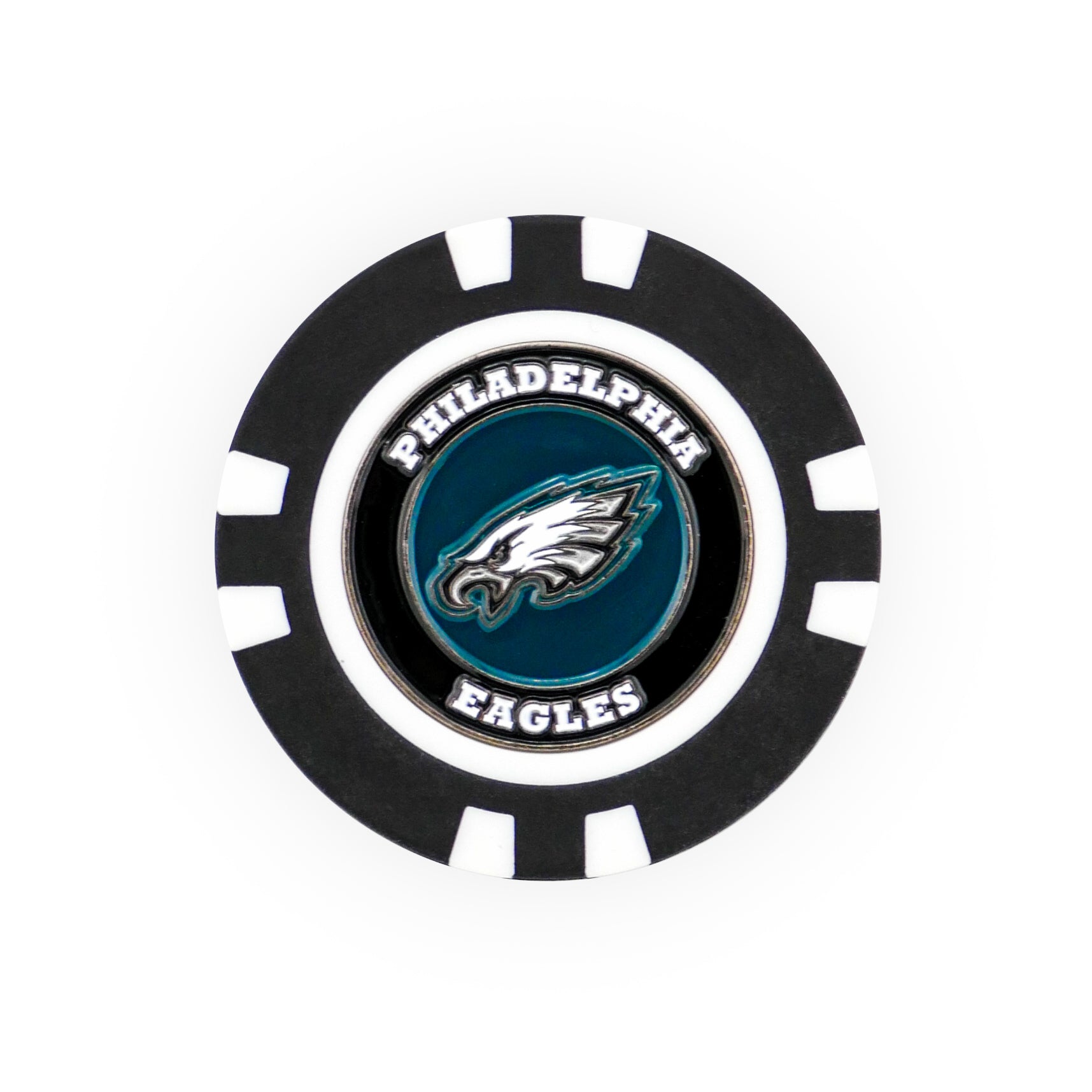 The NFL Team Ball Marker by NFL is a black and white poker chip featuring the Philadelphia Eagles logo with "Philadelphia Eagles" around the eagle head emblem in the center.