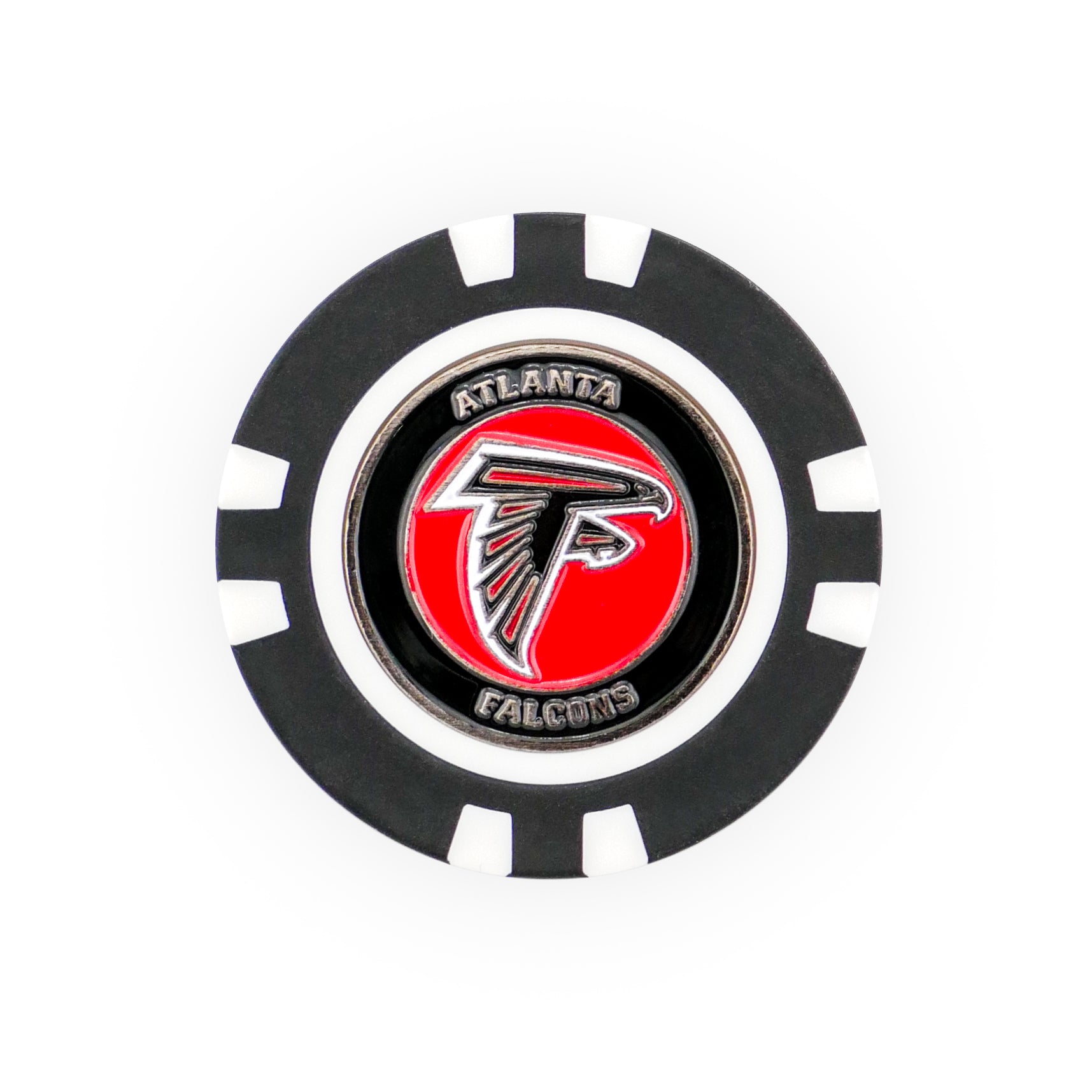 The NFL Team Ball Marker by NFL features a black and white poker chip design with the Atlanta Falcons logo—a silver falcon head on a red background—with "Atlanta Falcons" above and below the logo.