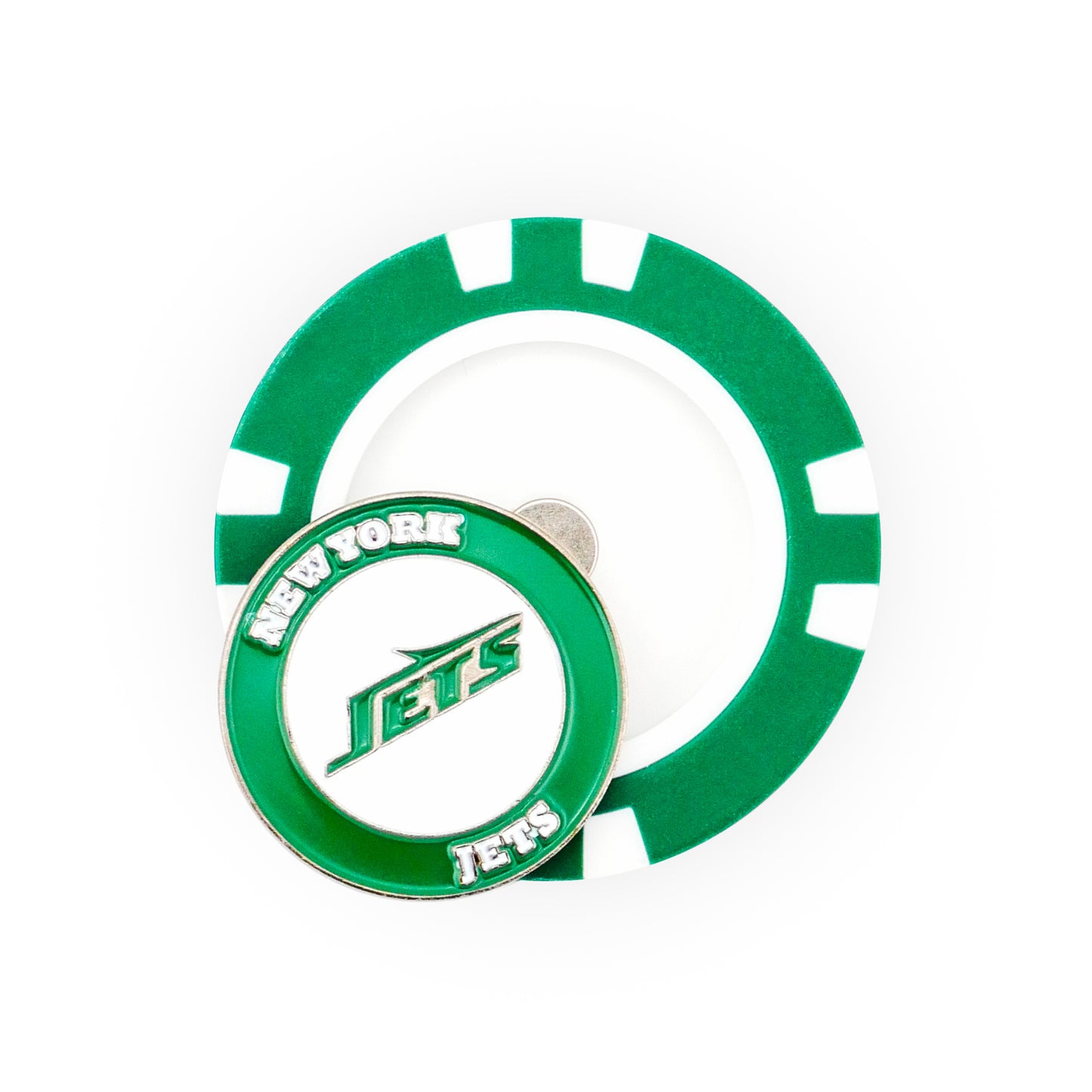 Show your team spirit on the course with NFL Team Ball Markers by NFL, featuring a green and white poker chip design with a circular New York Jets logo marker on top—ideal for Jets fans golfing in style.