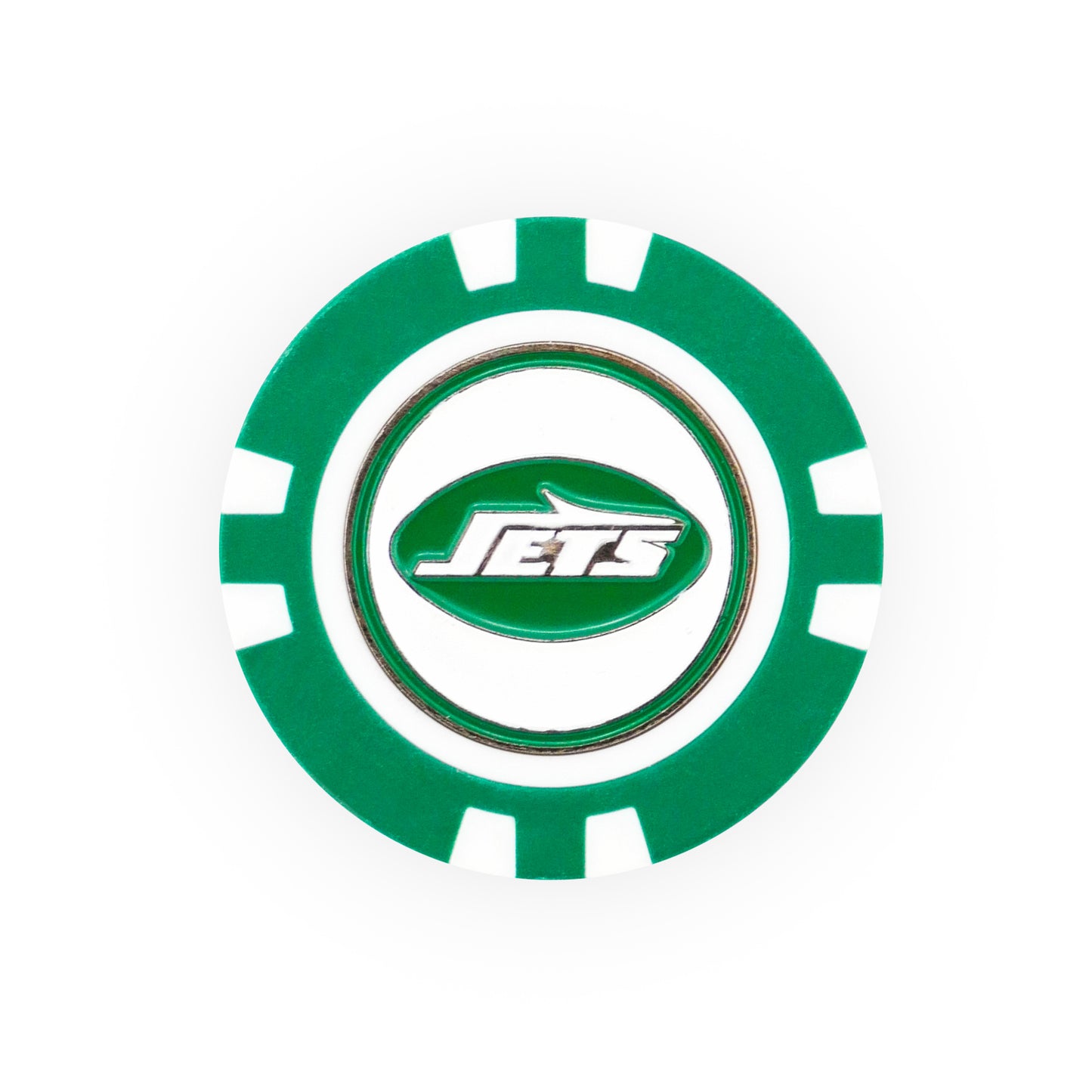 The NFL Team Ball Markers by NFL feature a green and white poker chip design with the New York Jets logo and "Jets" inside a green football shape at the center.