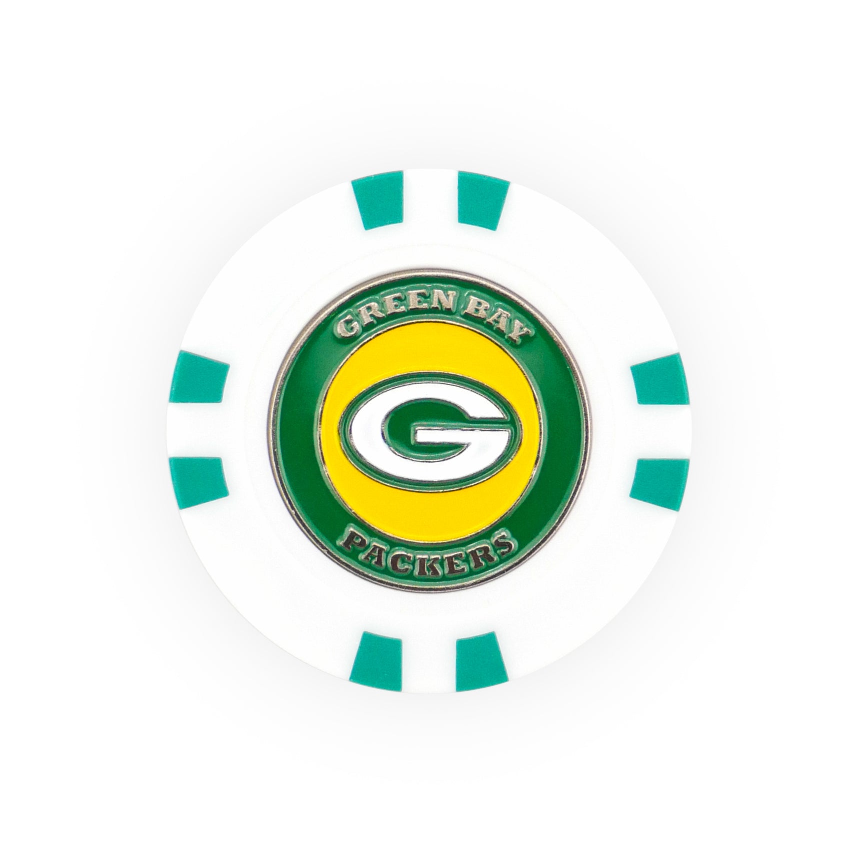 An NFL Team Ball Marker by NFL, this white poker chip ball marker features green accents and the Green Bay Packers logo with "Green Bay Packers" in green and yellow at the center.