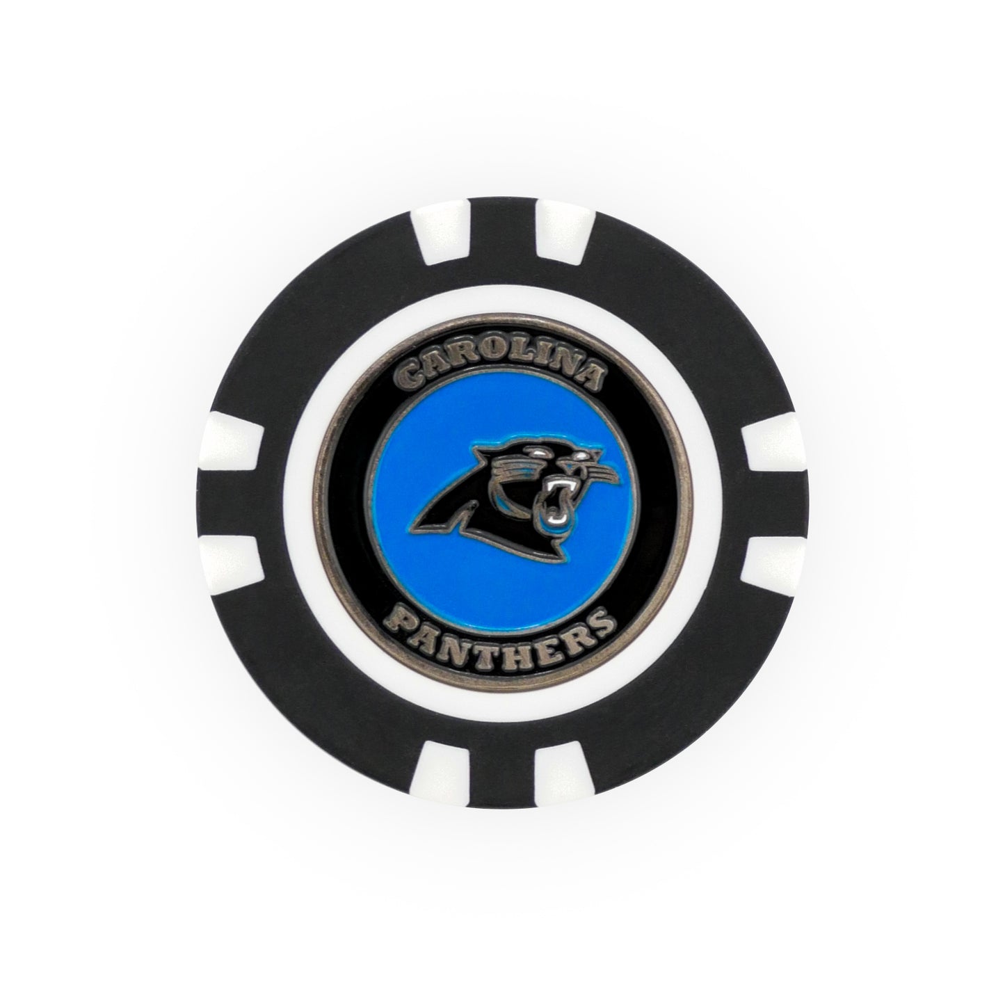 The NFL Team Ball Markers by NFL feature a black and white poker chip design with the Carolina Panthers logo and text at the center, set against a blue background behind the panther head.