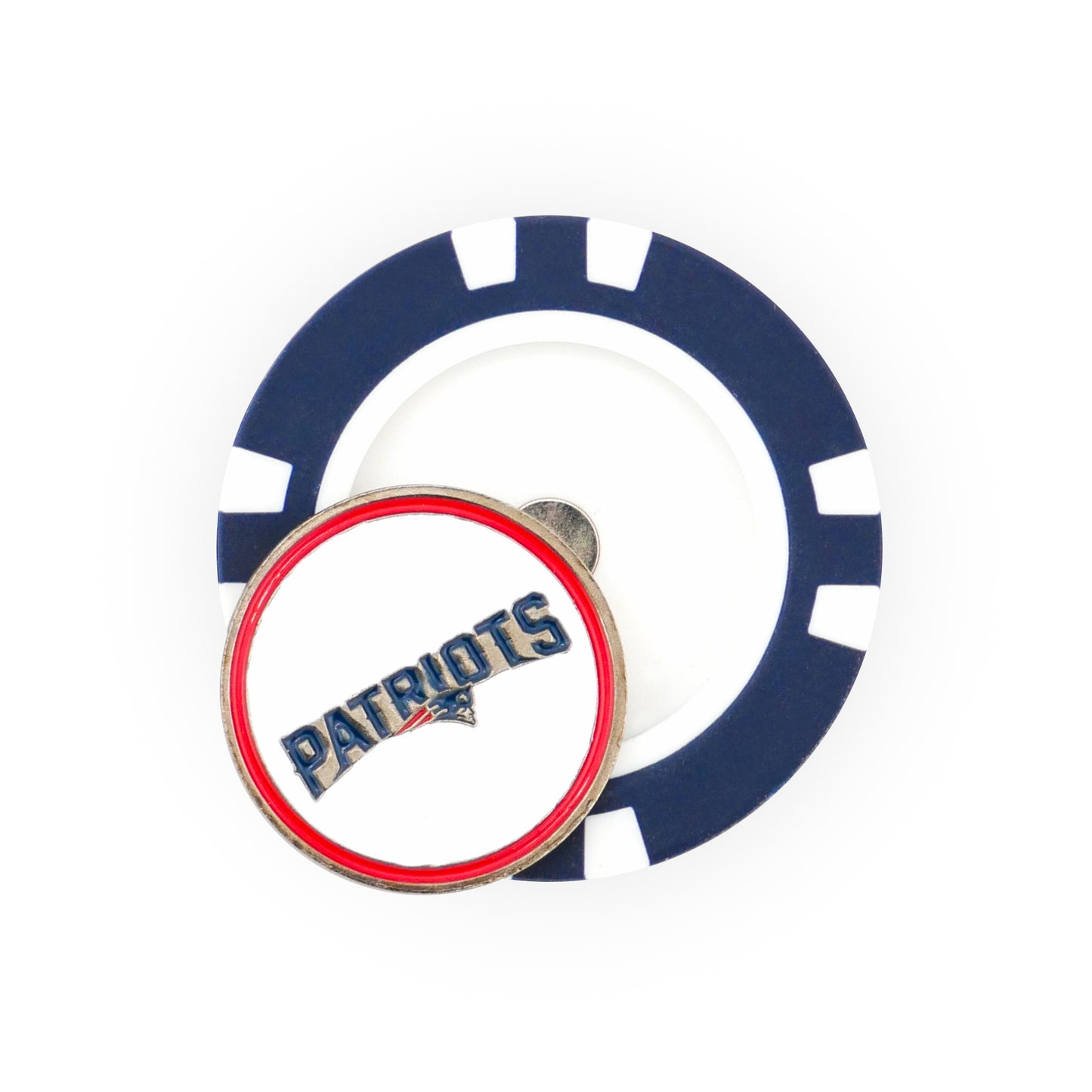 The NFL Team Ball Markers by NFL feature a round blue and white poker chip with a circular metal golf ball marker on top, displaying the New England Patriots logo and text outlined in red on a white background.