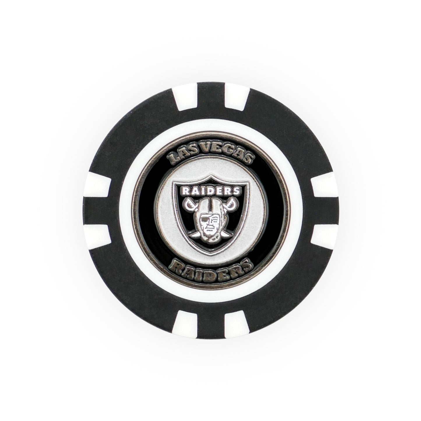 The NFL Team Ball Marker by NFL features a black and white poker chip design with the Las Vegas Raiders logo in the center, encircled by "Las Vegas Raiders" text.