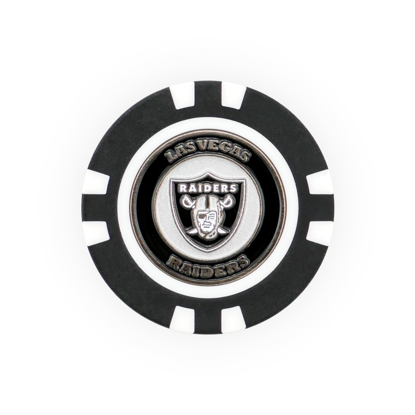 The NFL Team Ball Marker by NFL features a black and white poker chip design with the Las Vegas Raiders logo in the center, encircled by "Las Vegas Raiders" text.