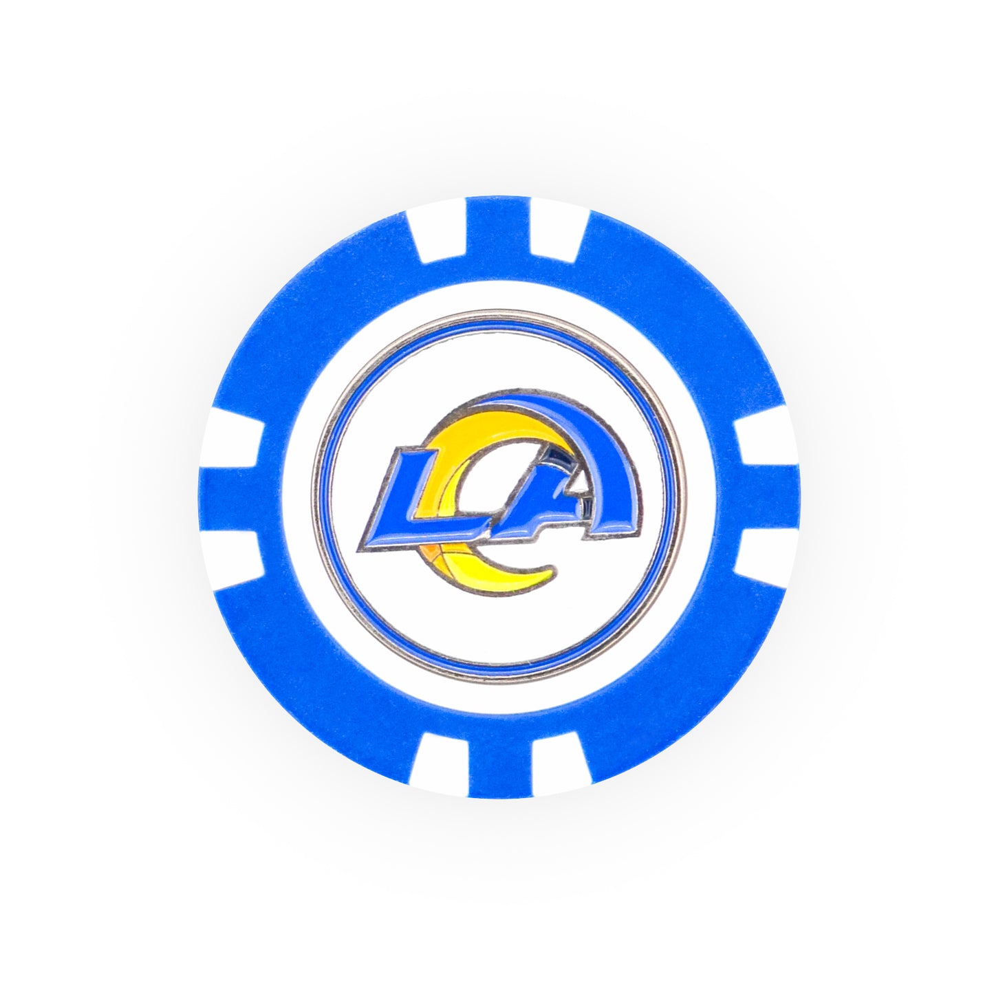 The NFL Team Ball Markers by NFL feature a blue and white poker chip design with the Los Angeles Rams logo—"LA" and a stylized yellow ram horn—in the center.