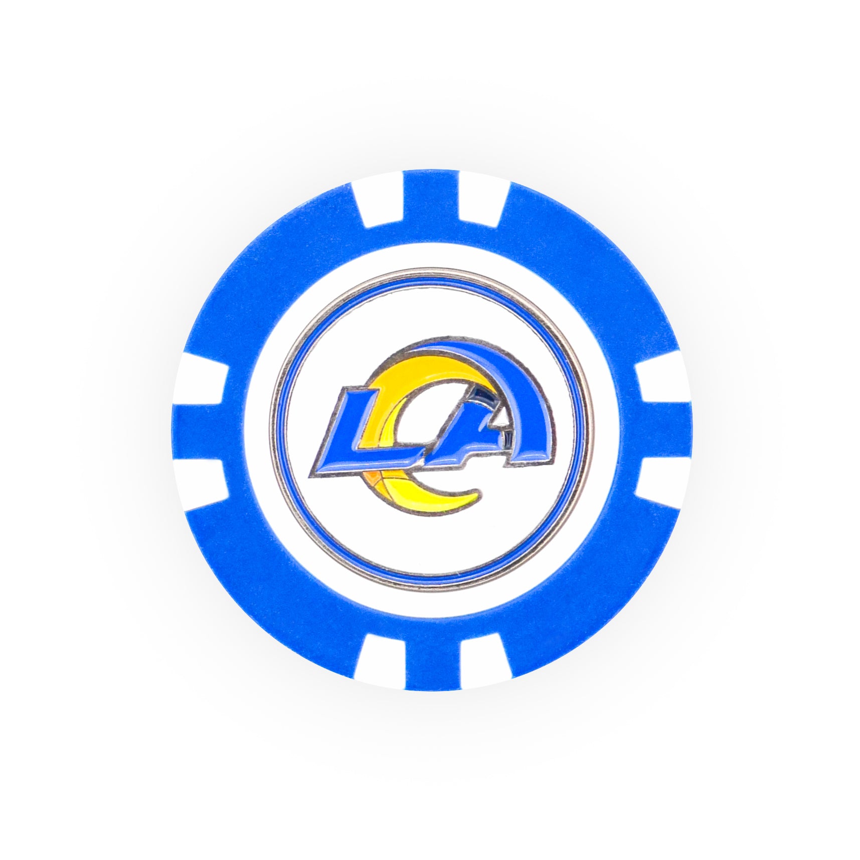 The NFL Team Ball Markers by NFL feature a blue and white poker chip design with the Los Angeles Rams logo—"LA" and a stylized yellow ram horn—in the center.