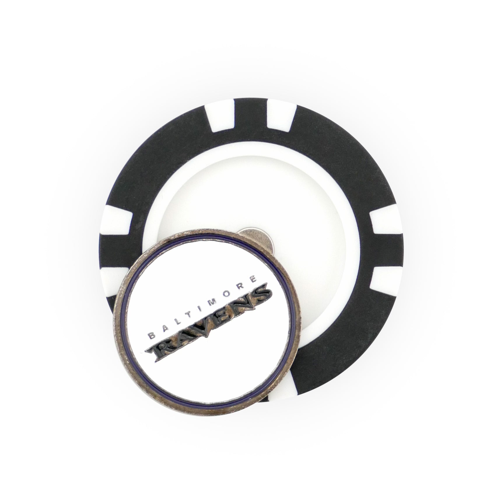 The NFL Team Ball Marker by NFL features a black and white poker chip design with a circular coin on top displaying the Baltimore Ravens logo and text.