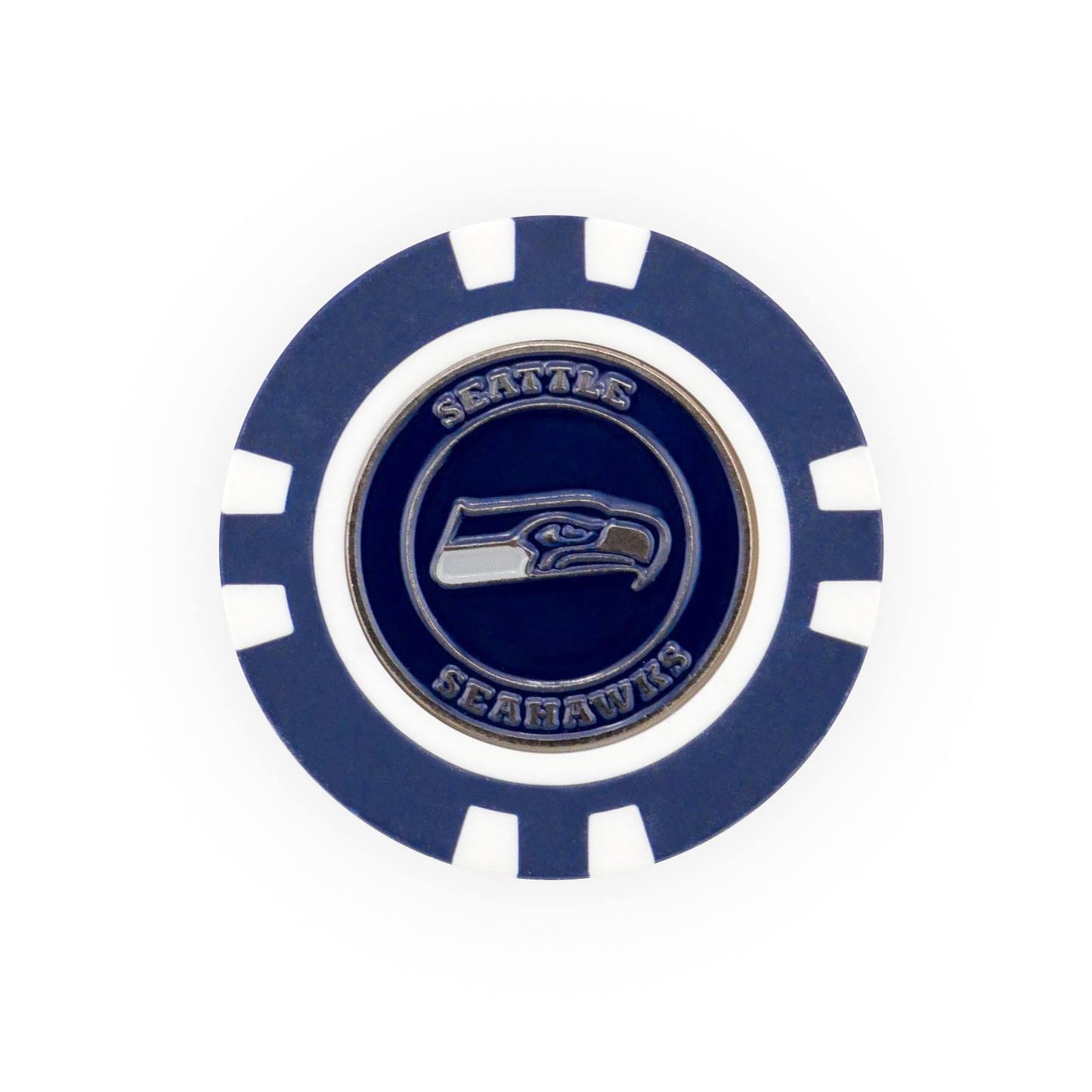 The NFL Team Ball Marker by NFL is a blue and white poker chip featuring the Seattle Seahawks logo and "SEAHAWKS" on the top and bottom around the logo.