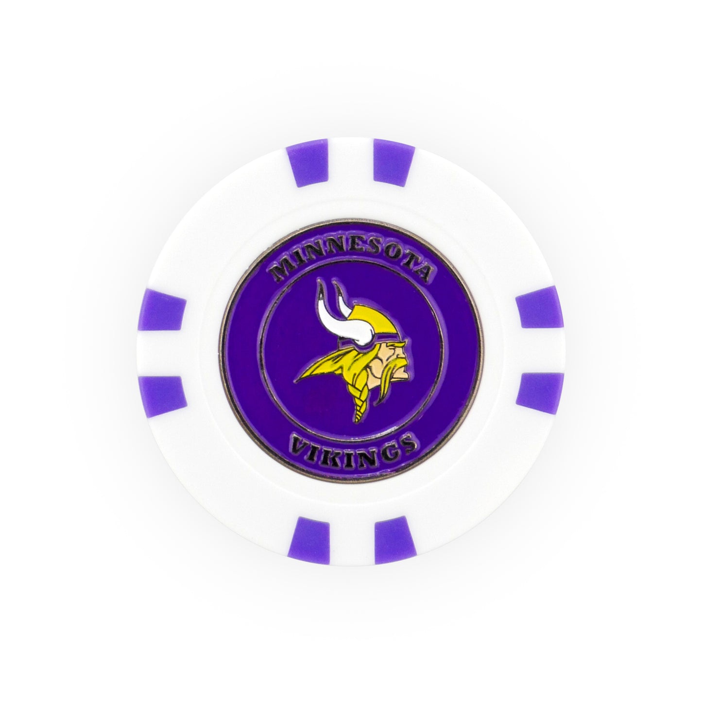 The NFL Team Ball Marker by NFL is a white poker chip-style marker with purple accents, featuring the Minnesota Vikings logo and name in purple and gold on a round center emblem.