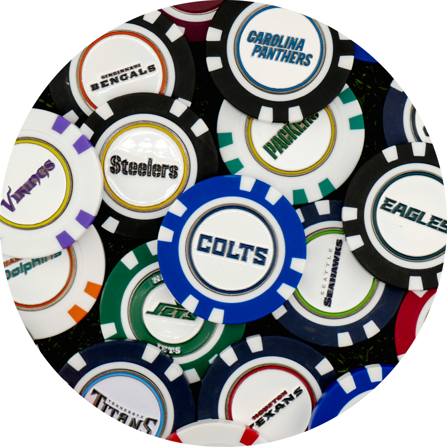 The NFL Team Ball Markers by NFL are arranged in a circle on green felt, each featuring the name and logo of teams like the Colts, Panthers, Steelers, Vikings, Bengals, Eagles, and more.