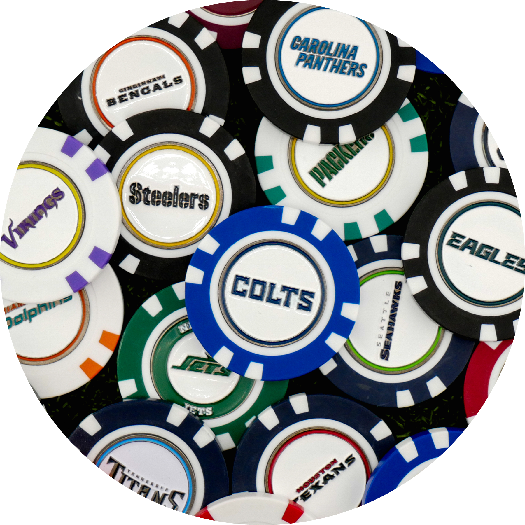 The NFL Team Ball Markers by NFL are arranged in a circle on green felt, each featuring the name and logo of teams like the Colts, Panthers, Steelers, Vikings, Bengals, Eagles, and more.
