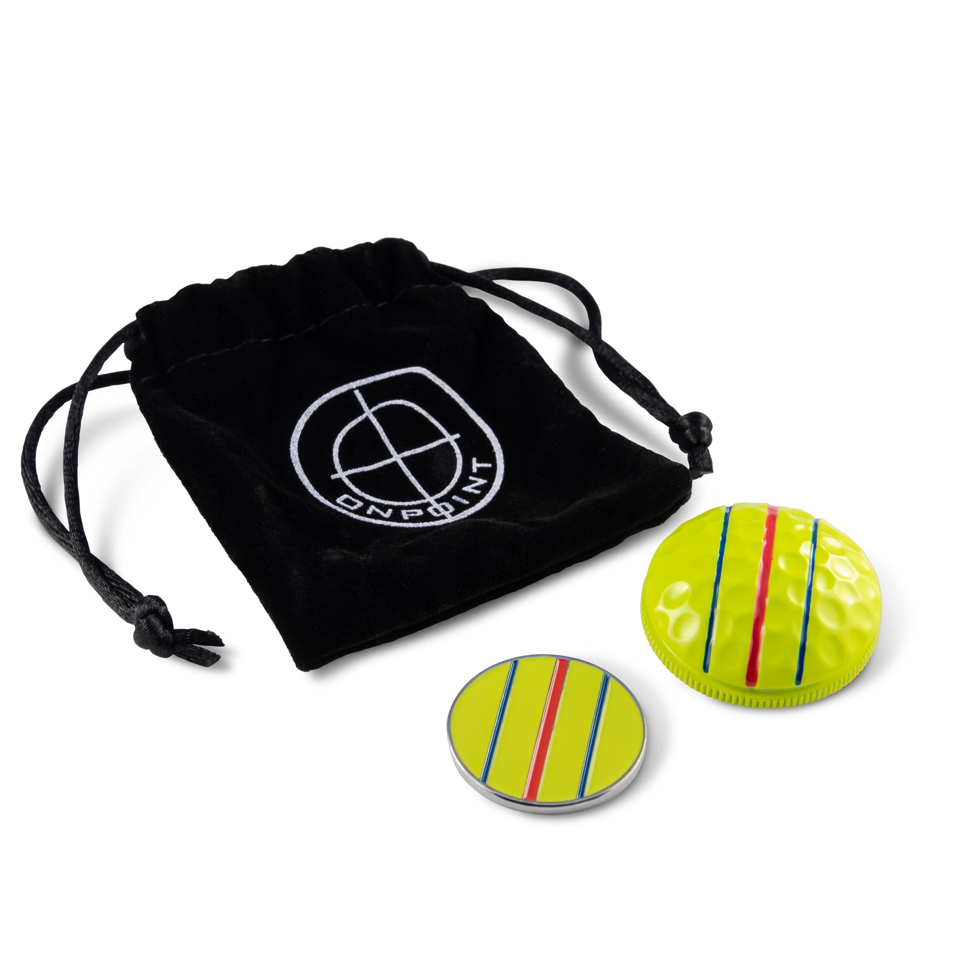 A black drawstring pouch with a white OnPointGolf.us logo is next to the yellow Three Rail Ball Marker and matching coin, both featuring red, blue, and green lines as golf alignment tools for precise putting.