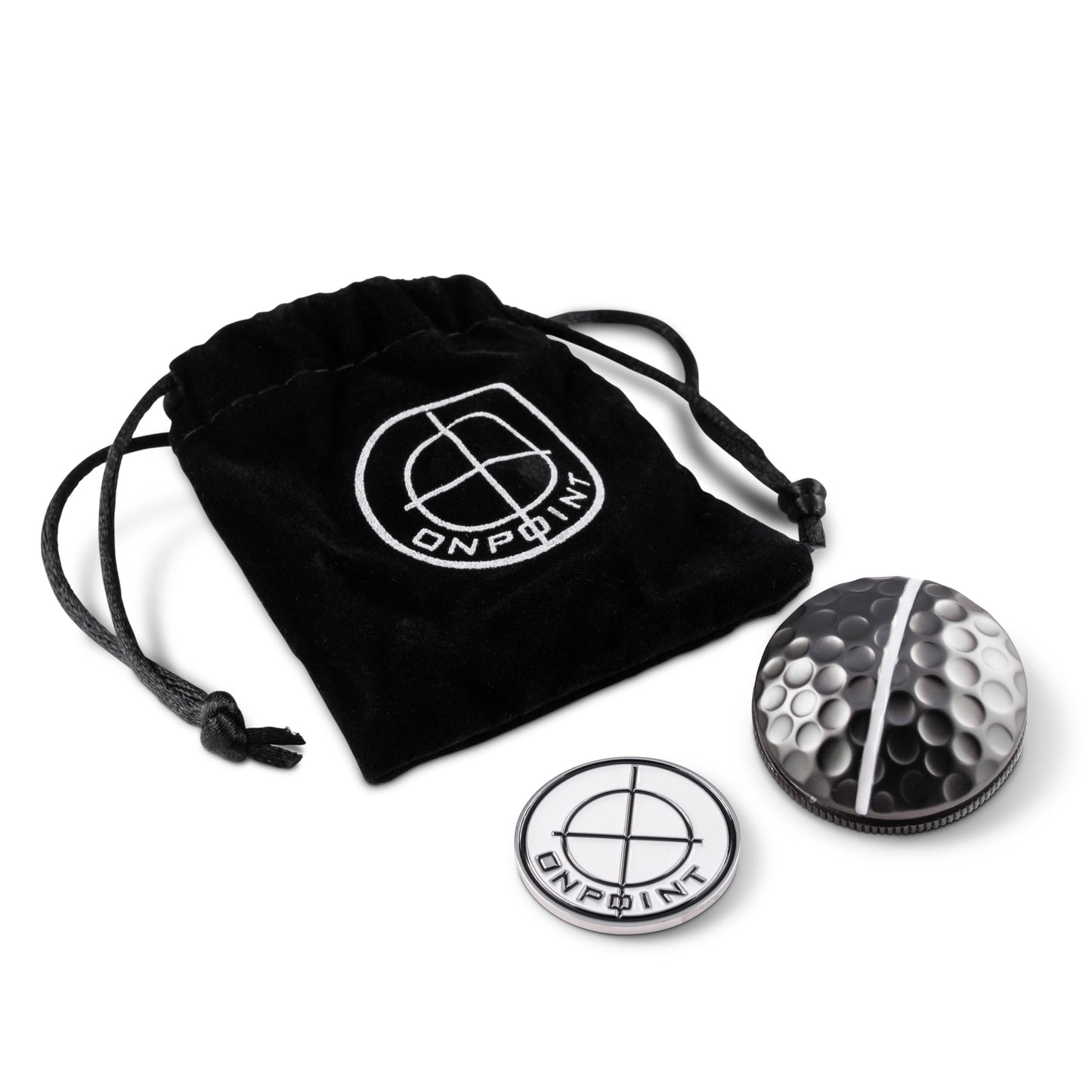 The One Rail Ball Markers by OnPointGolf.us include a black velvet drawstring pouch with the logo, a coin-shaped 3D marker with the OnPointGolf.us logo, and a black-and-white dimpled ball marker resembling a split golf ball.