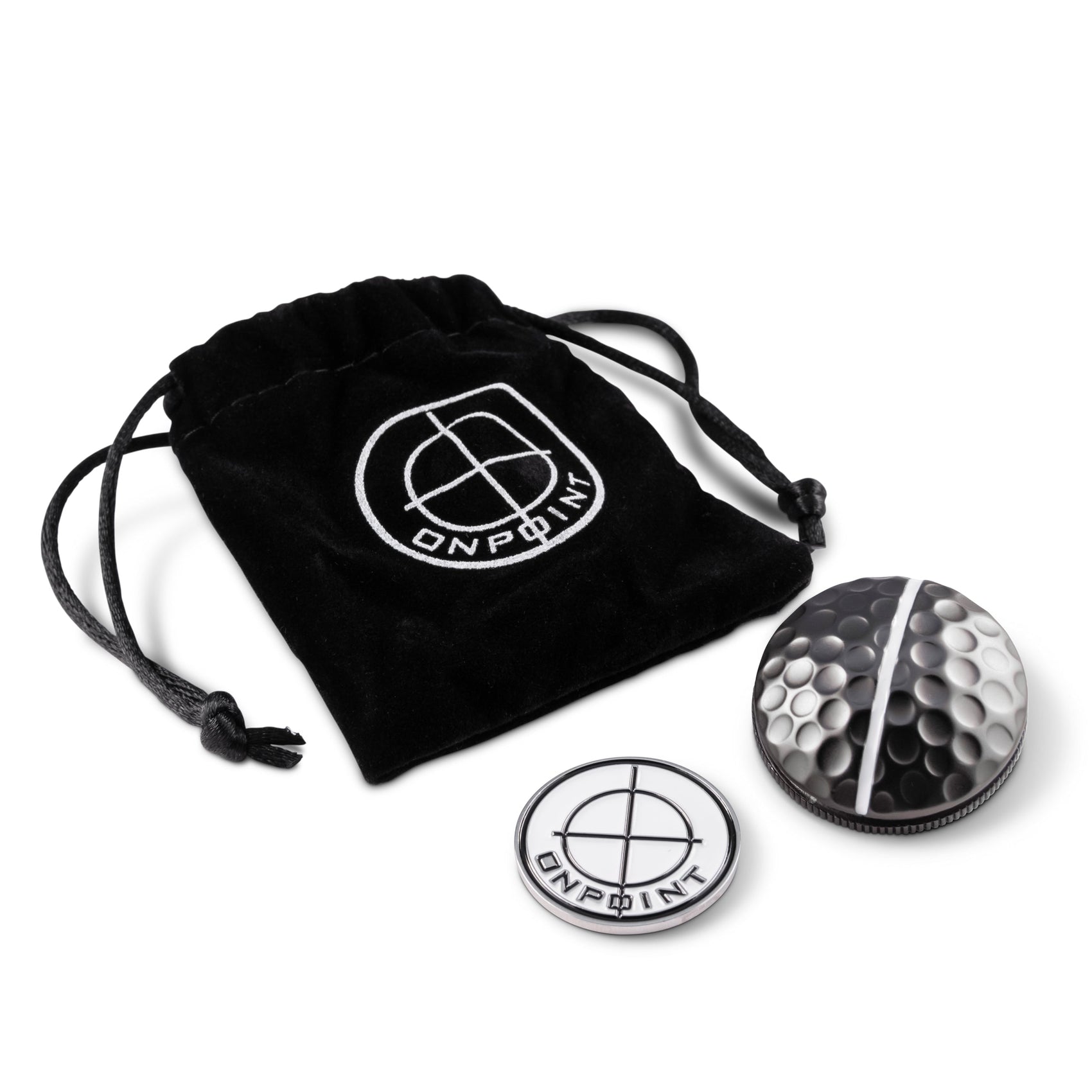 The One Rail Ball Markers by OnPointGolf.us include a black velvet drawstring pouch with the logo, a coin-shaped 3D marker with the OnPointGolf.us logo, and a black-and-white dimpled ball marker resembling a split golf ball.