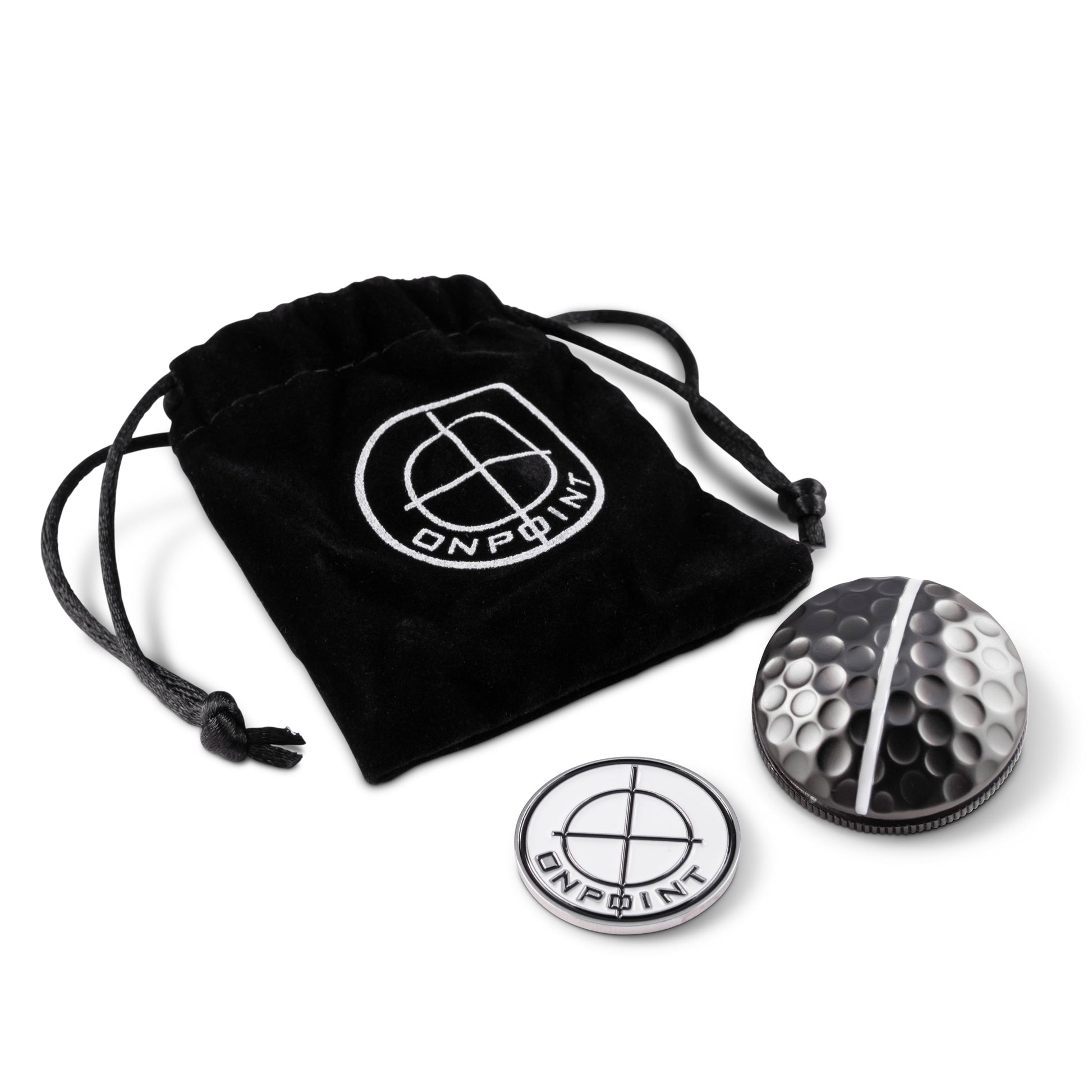 The One Rail Ball Markers by OnPointGolf.us include a black velvet drawstring pouch with the logo, a coin-shaped 3D marker with the OnPointGolf.us logo, and a black-and-white dimpled ball marker resembling a split golf ball.