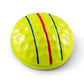 The Three Rail Ball Marker by OnPointGolf.us is a yellow, dome-shaped 3D marker with a dimpled surface and red plus blue stripes—an alignment tool designed to boost your putting accuracy on the green.