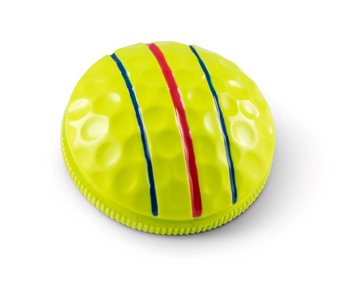 The Three Rail Ball Marker by OnPointGolf.us is a yellow, dome-shaped 3D marker with a dimpled surface and red plus blue stripes—an alignment tool designed to boost your putting accuracy on the green.