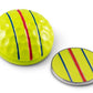 The OnPointGolf.us Three Rail Ball Marker—a yellow, dimpled half-sphere with two red and one blue stripe—sits beside a matching flat round marker, both ideal putting aids, on a white background.