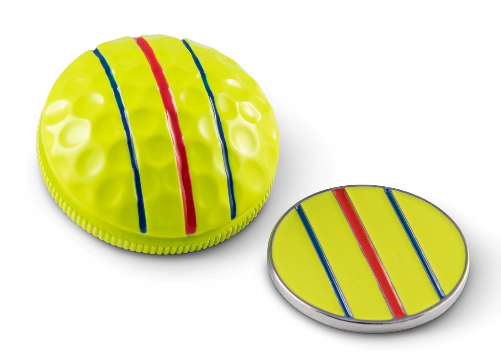 The OnPointGolf.us Three Rail Ball Marker—a yellow, dimpled half-sphere with two red and one blue stripe—sits beside a matching flat round marker, both ideal putting aids, on a white background.