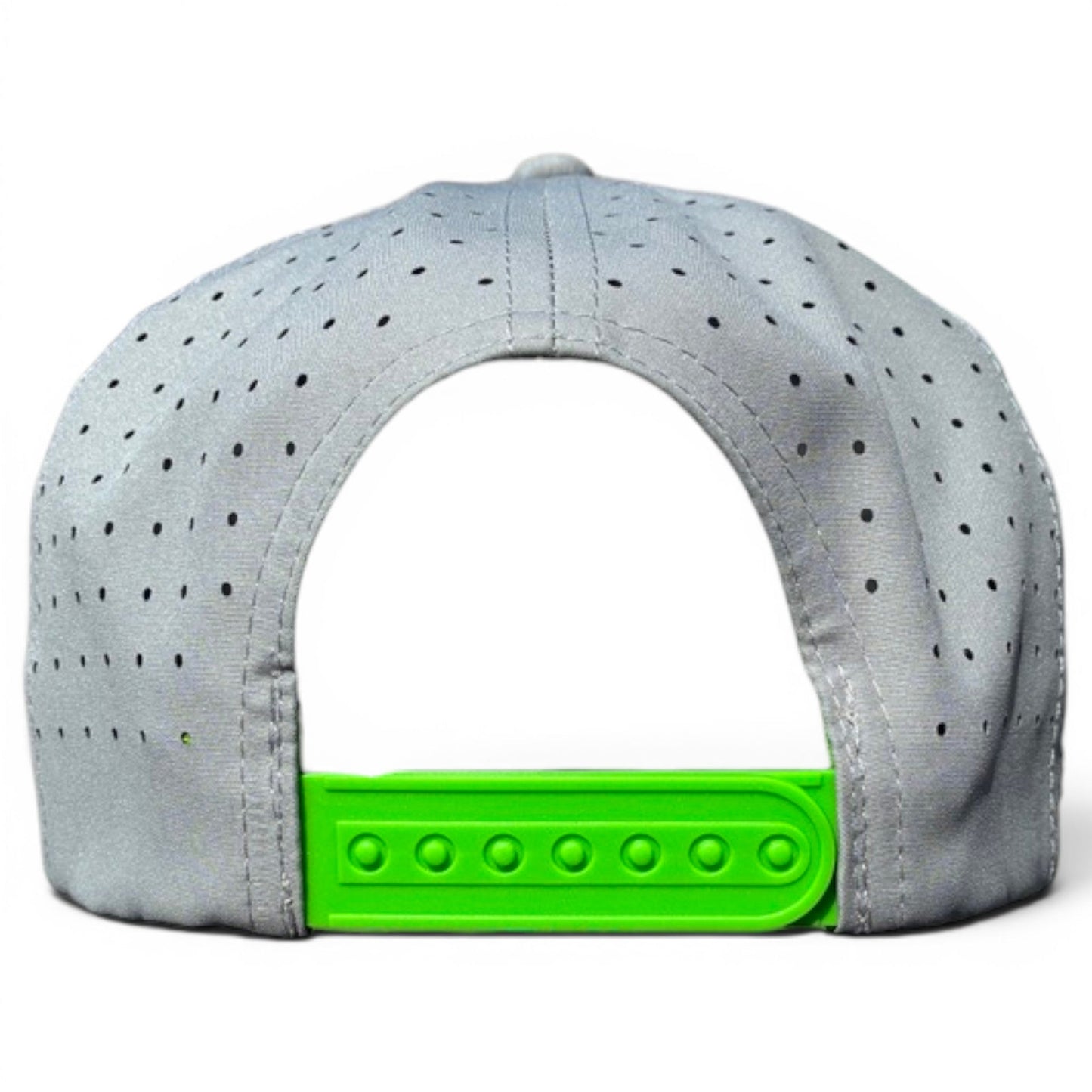 Back view of the Logie Joe's Golf Alien Caddy Golf Hat, an adjustable gray snapback cap with black vents, bright green strap, and built-in magnetic ball marker holder plus marker included.
