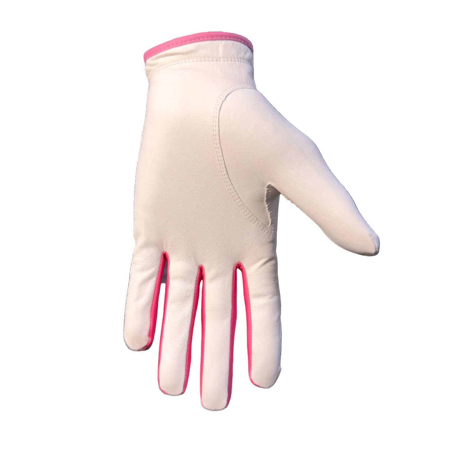 Logie Joe’s Cabretta Leather Golf Glove by Logie Joe’s Golf, featuring pink trim around the wrist and between the fingers, is displayed palm facing the camera on a white background. This premium golf glove includes a magnetic ball marker and is available for both left and right hand in standard and cadet sizes.