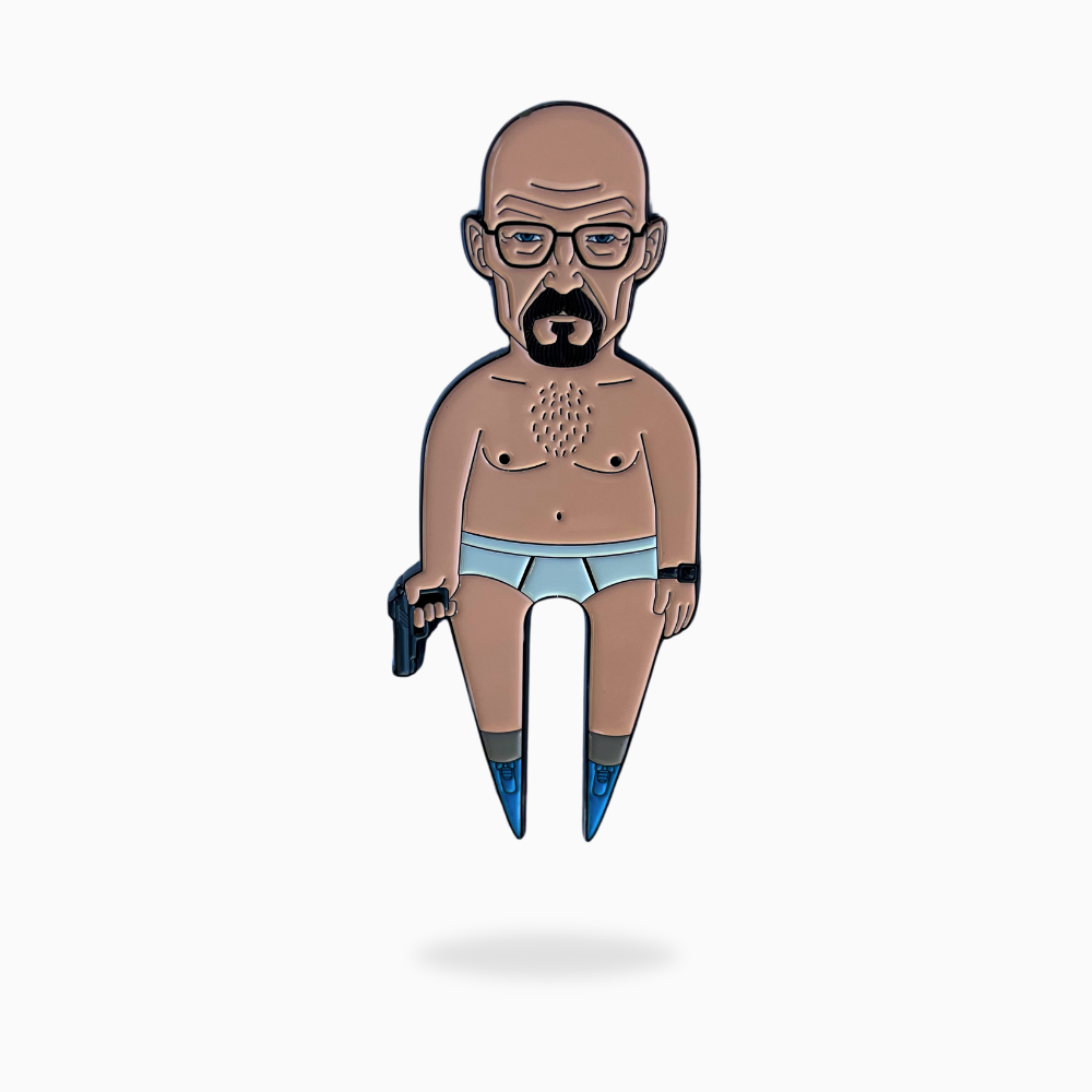 The Walt Divot Tool by Pin Creatures features a cartoon bald man with glasses, goatee, chest hair, blue shoes, and underwear holding a black gun. This quirky golf accessory doubles as a ball marker or divot tool. Plain white background.