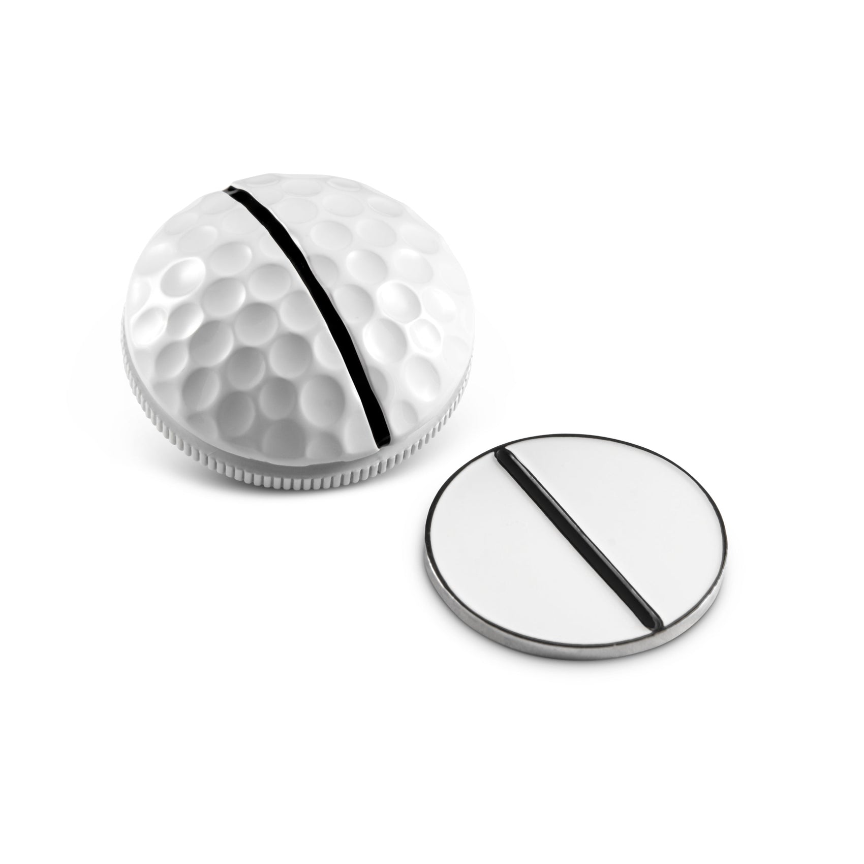 The One Rail Ball Markers by OnPointGolf.us feature a round, dimpled 3D alignment tool with a black line and a matching flat magnetic marker, both displayed on a white background.