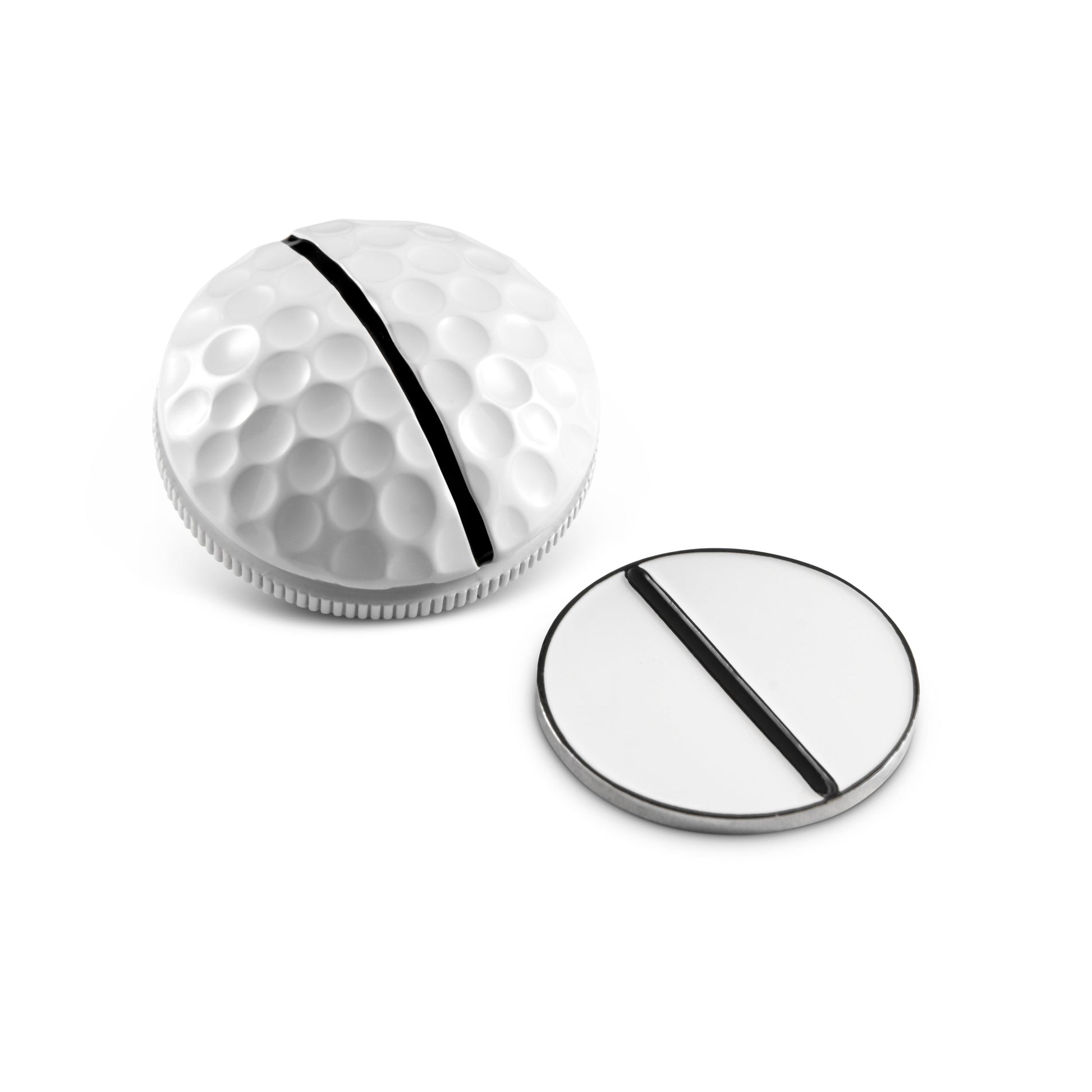 The One Rail Ball Markers by OnPointGolf.us feature a round, dimpled 3D alignment tool with a black line and a matching flat magnetic marker, both displayed on a white background.
