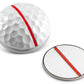 Two white One Rail Ball Markers by OnPointGolf.us: one is a 3D half-golf-ball marker with dimples and a red line; the other is a flat disc with a central red line, both designed to aid golf alignment on putting surfaces.