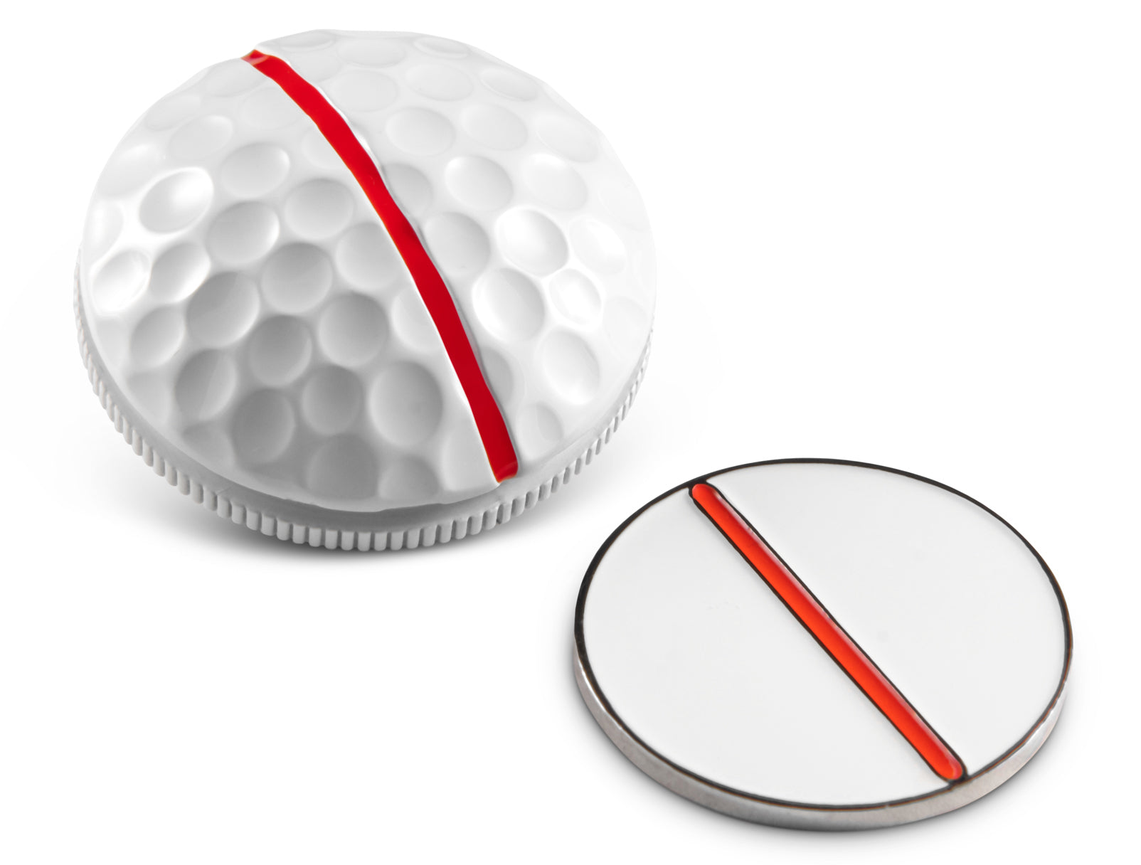 Two white One Rail Ball Markers by OnPointGolf.us: one is a 3D half-golf-ball marker with dimples and a red line; the other is a flat disc with a central red line, both designed to aid golf alignment on putting surfaces.