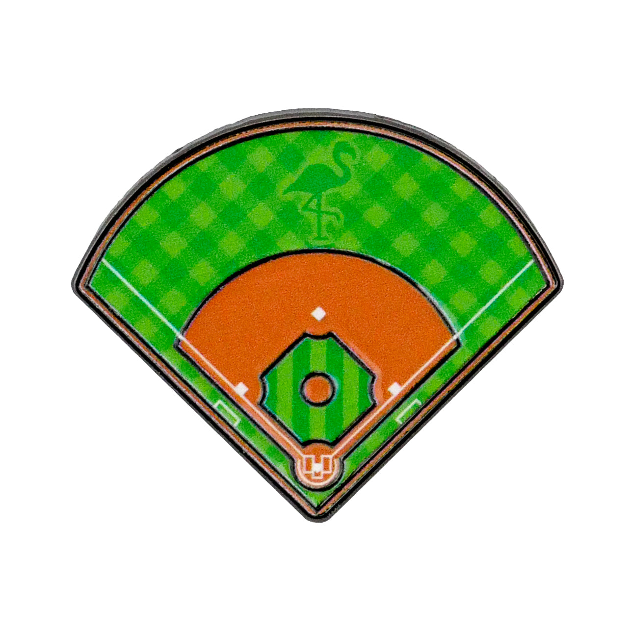 The Baseball Field Ball Marker from Ballmarkers.com features a stylized green and brown field with a flamingo and the number 45 in the outfield.